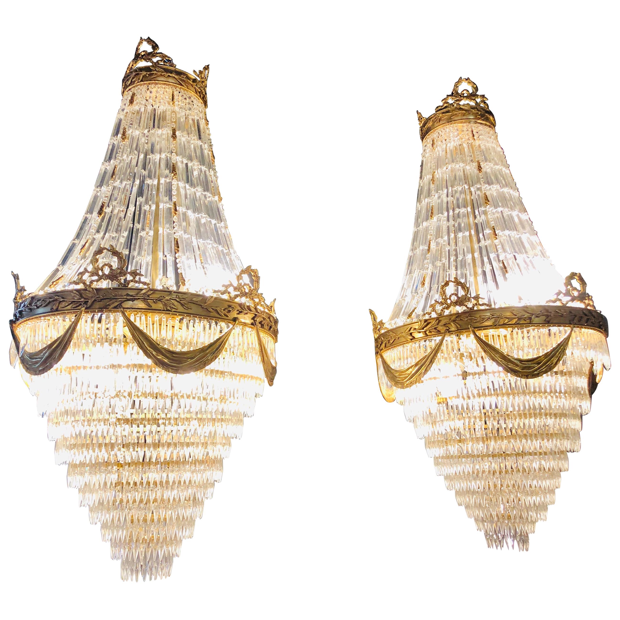 Pair of Palatial Bronze and Crystal Swag Design Louis XVI Style Chandeliers