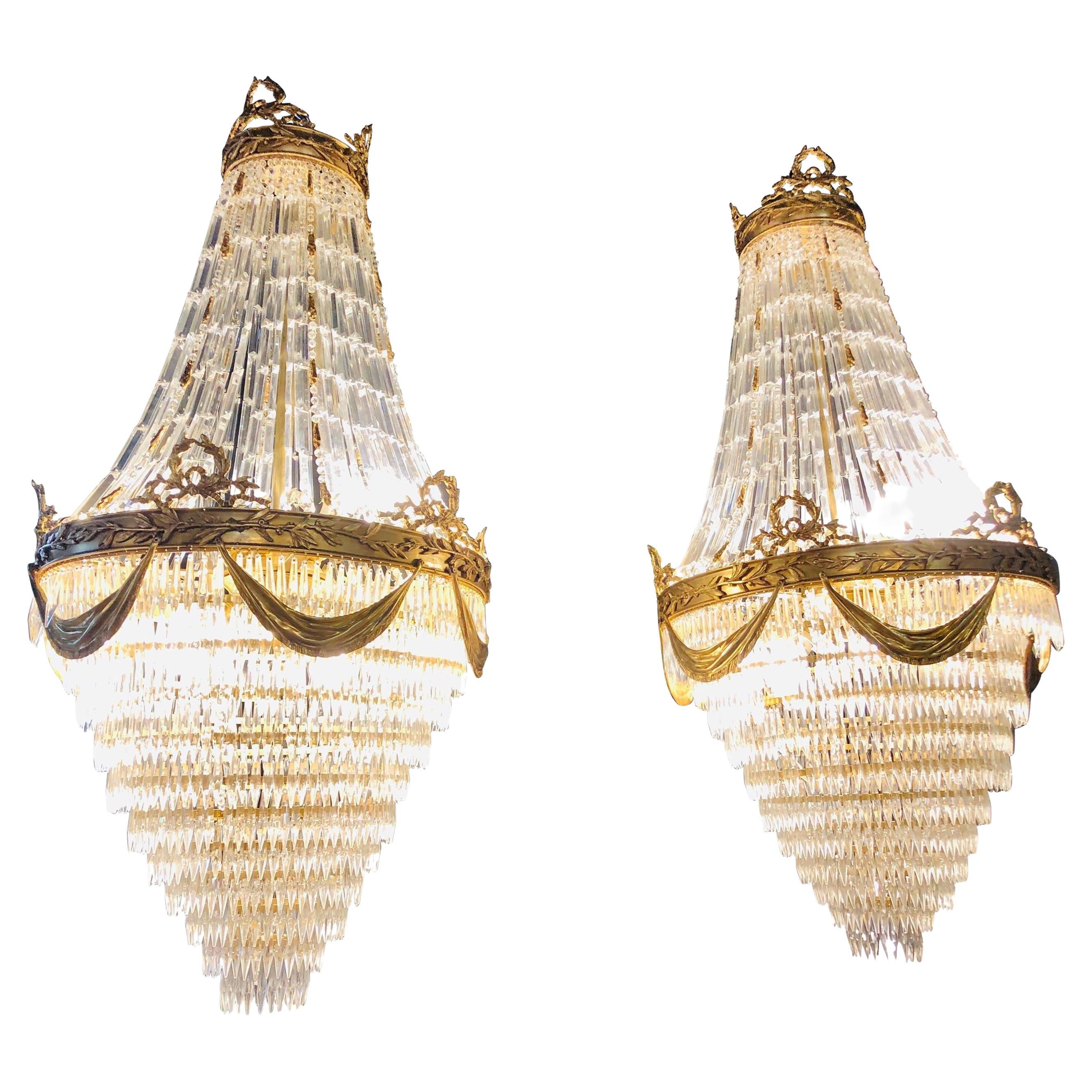 Pair of Palatial Bronze and Crystal Swag Design Louis XVI Style Chandeliers For Sale
