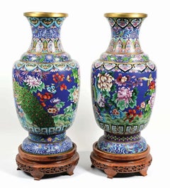 A Pair Of Palatial Monumental Blue Chinese Cloisonne Enamel Vases With Peacocks