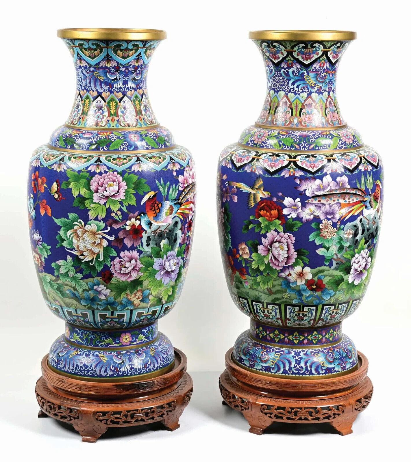Cloissoné A Pair Of Palatial Monumental Blue Chinese Cloisonne Enamel Vases With Peacocks For Sale