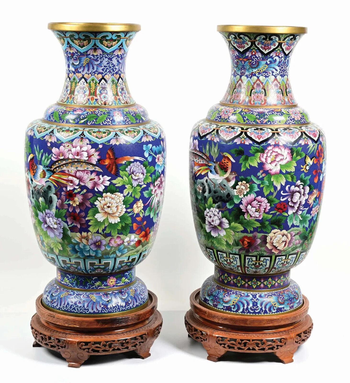 A Pair Of Palatial Monumental Blue Chinese Cloisonne Enamel Vases With Peacocks In Good Condition For Sale In New York, NY