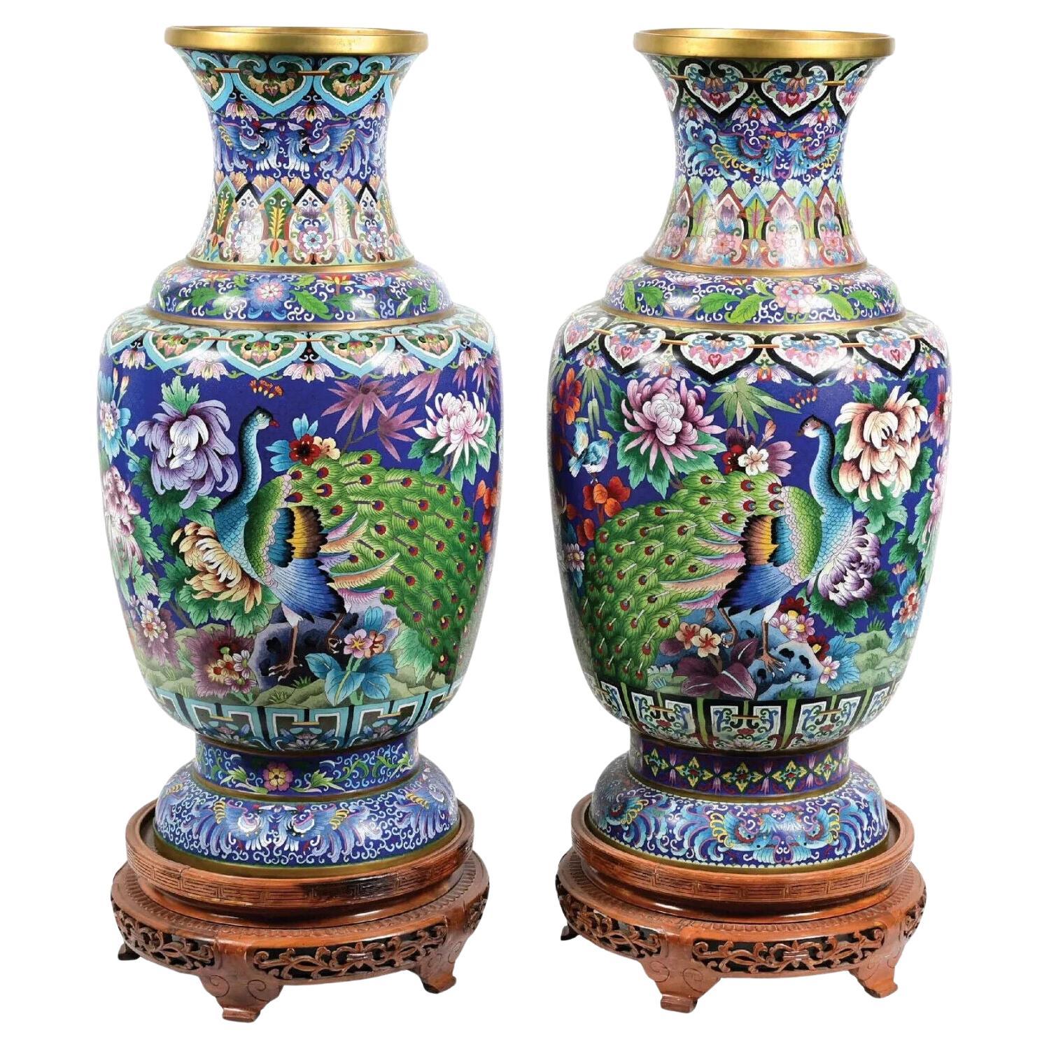A Pair Of Palatial Monumental Blue Chinese Cloisonne Enamel Vases With Peacocks For Sale