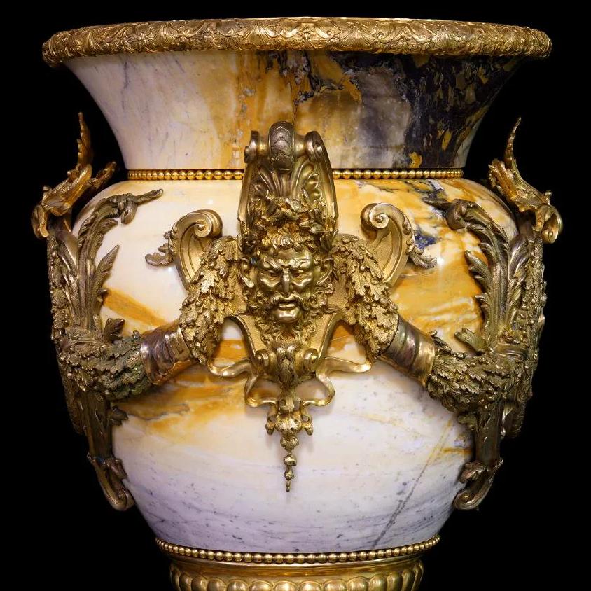 French Pair of Palatial Classical Bronze and Siena Marble Urns
