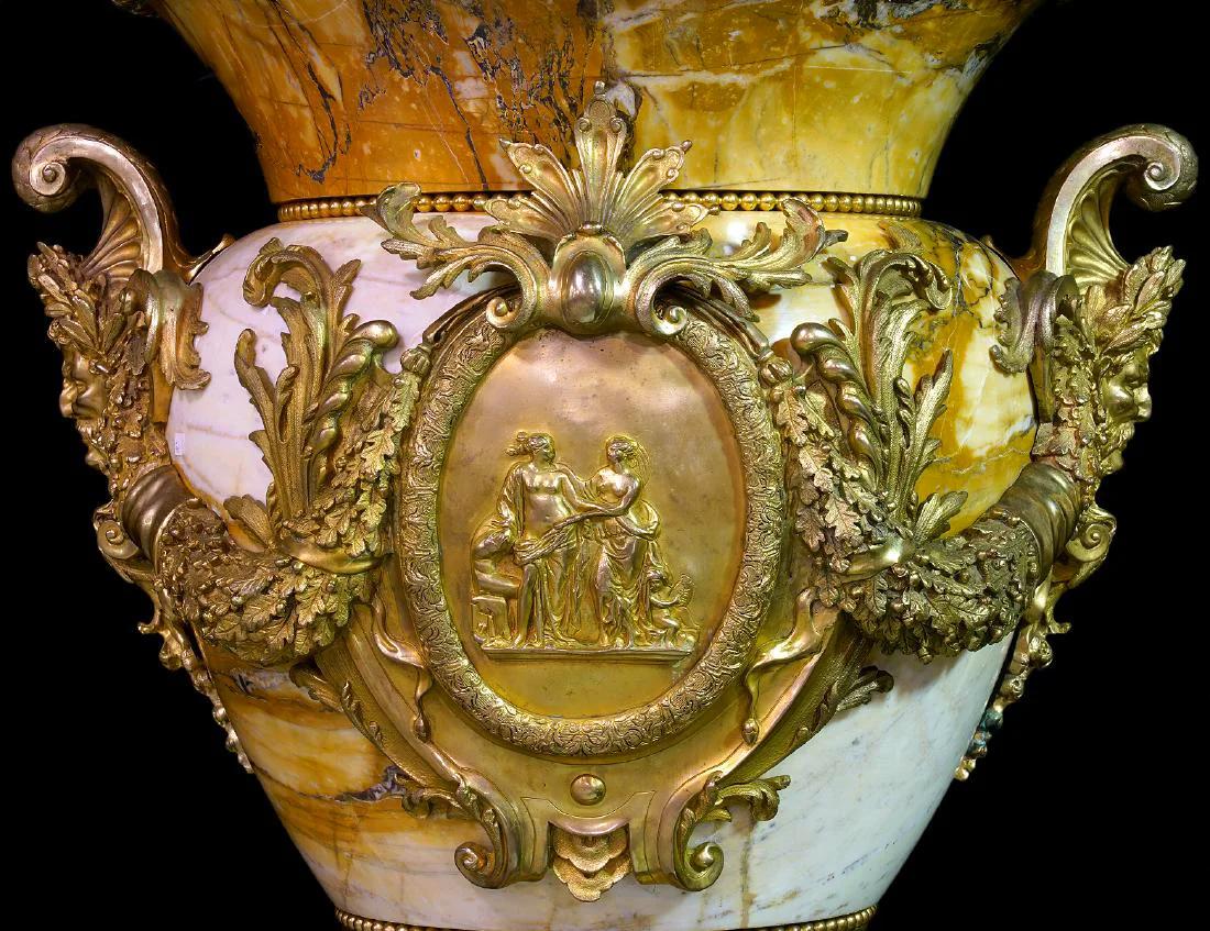 Pair of Palatial Classical Bronze and Siena Marble Urns 1