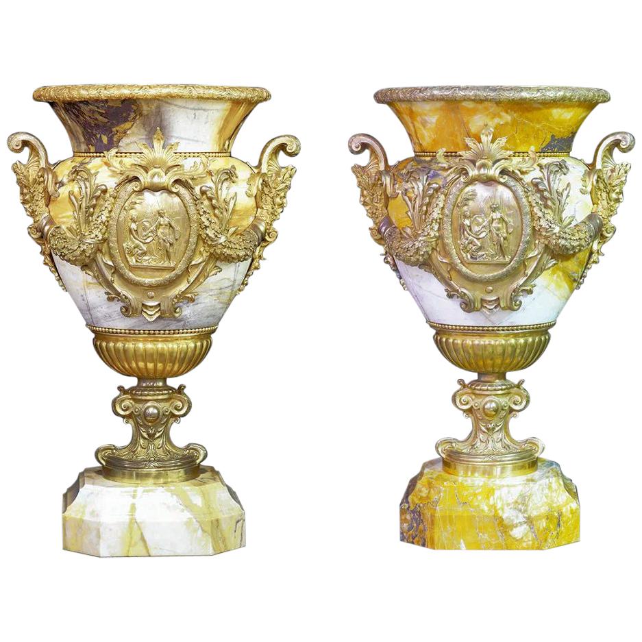Pair of Palatial Classical Bronze and Siena Marble Urns