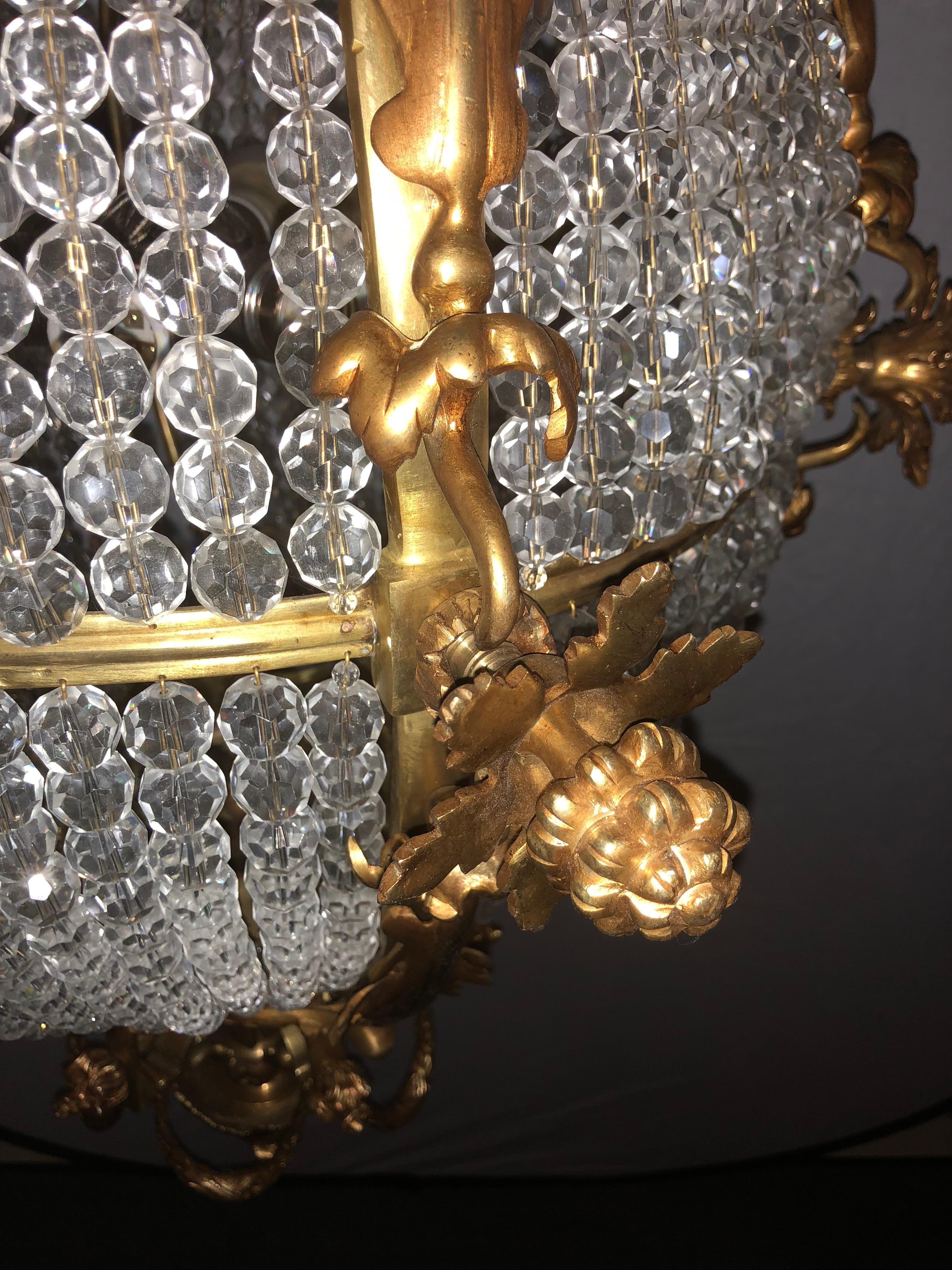Pair of Palatial Doré Bronze Circular Crystal Beaded Ball Chandeliers 6