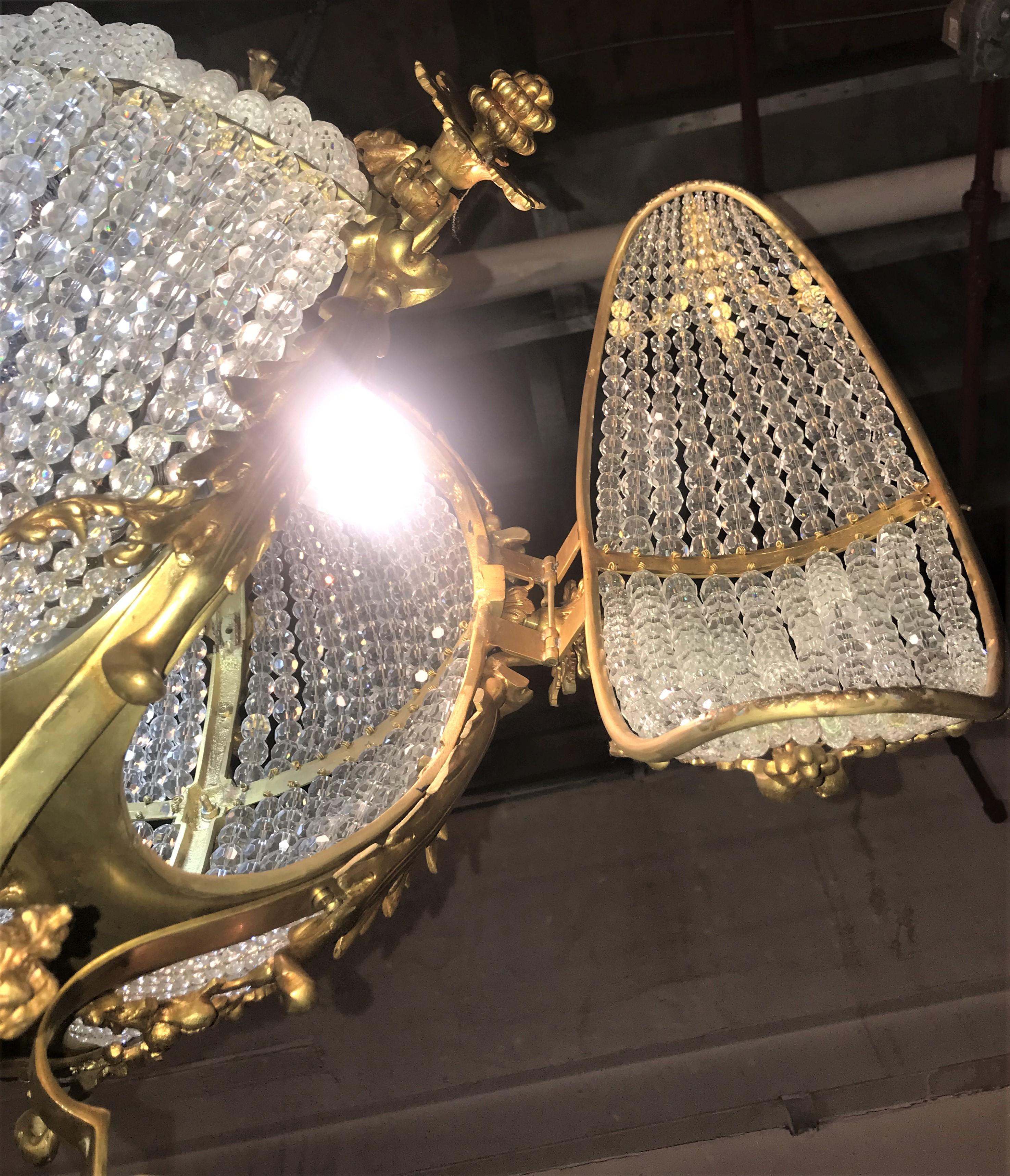 Pair of Palatial Doré Bronze Circular Crystal Beaded Ball Chandeliers For Sale 10