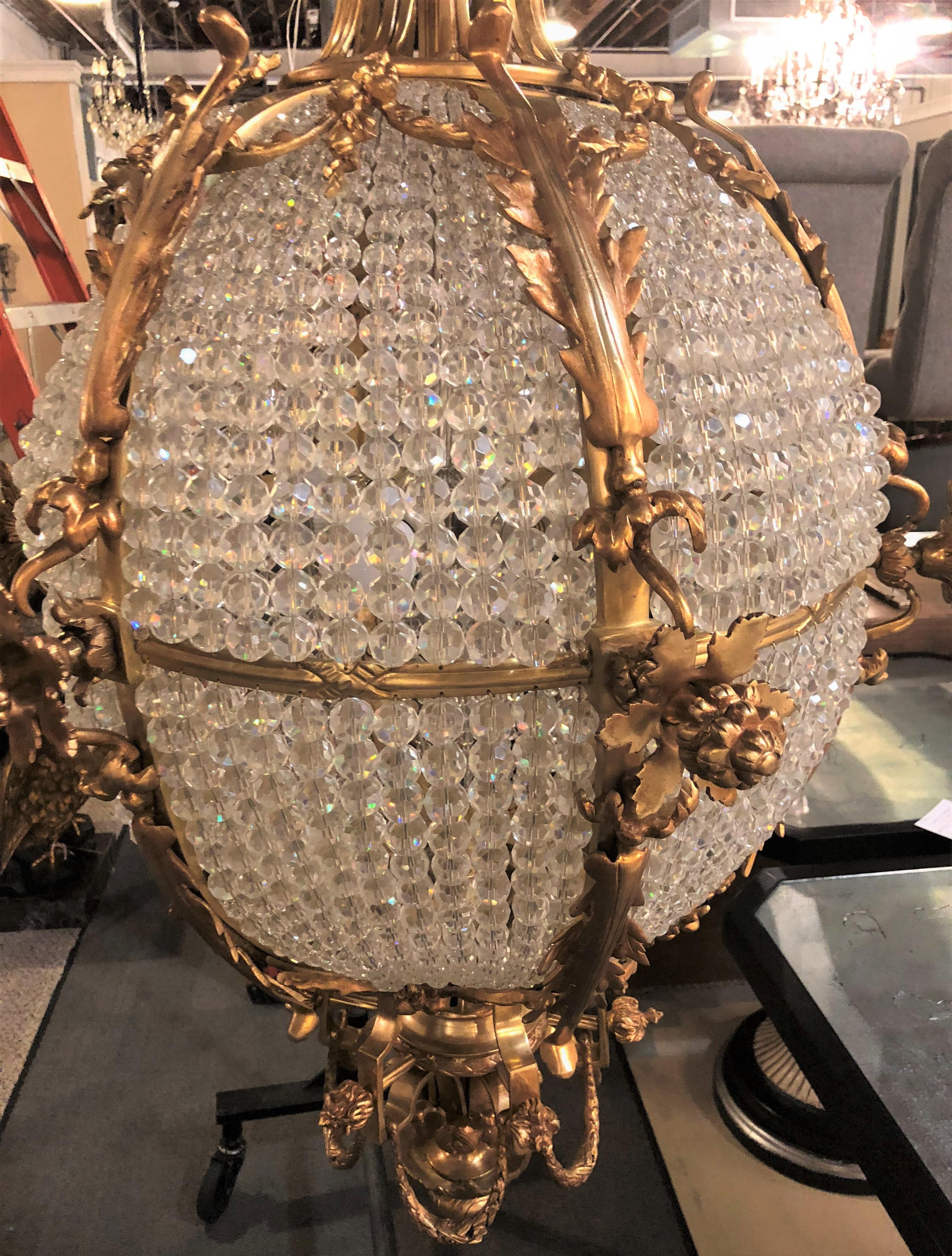 Pair of Palatial Doré Bronze Circular Crystal Beaded Ball Chandeliers For Sale 11