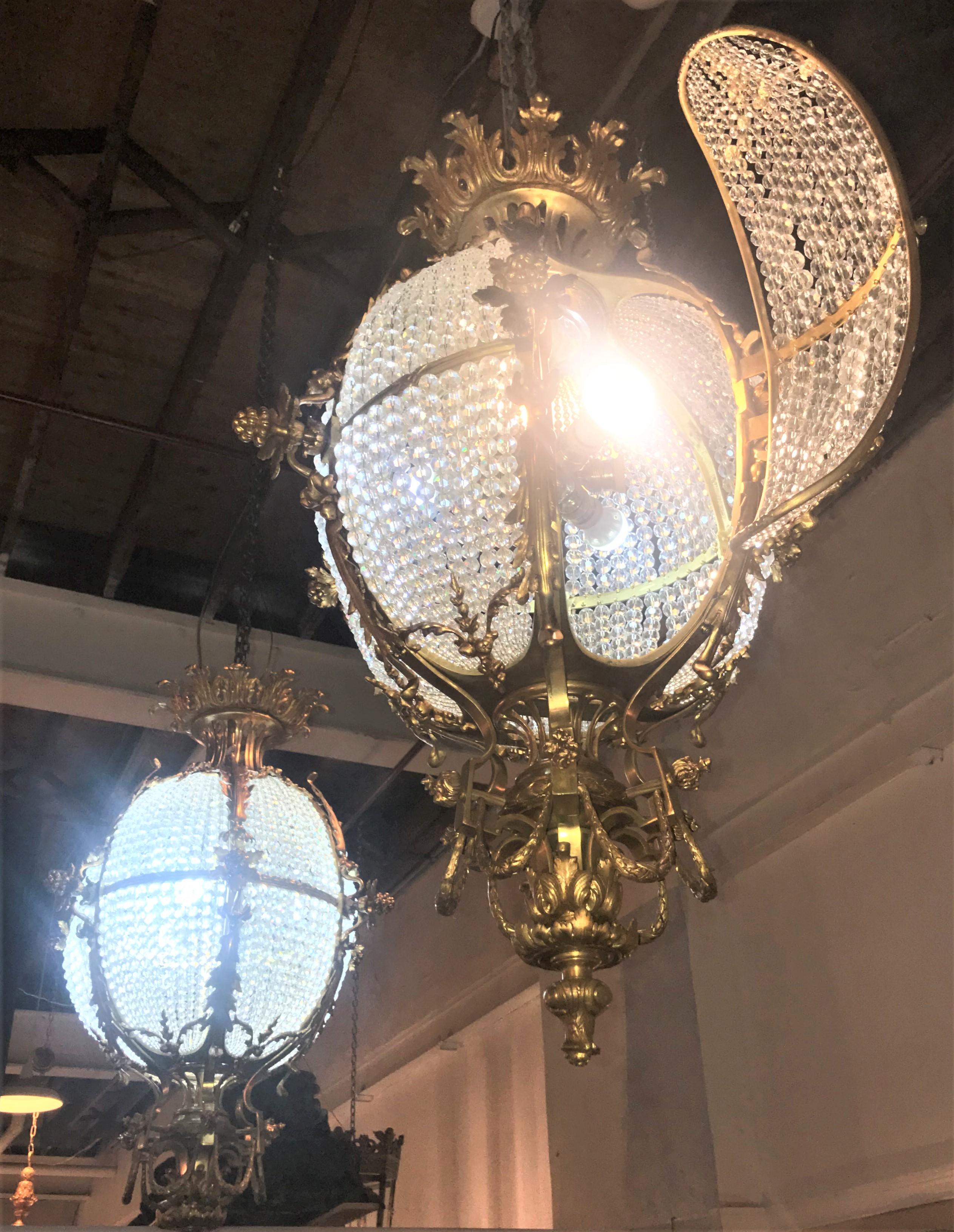 Pair of Palatial Doré Bronze Circular Crystal Beaded Ball Chandeliers For Sale 14