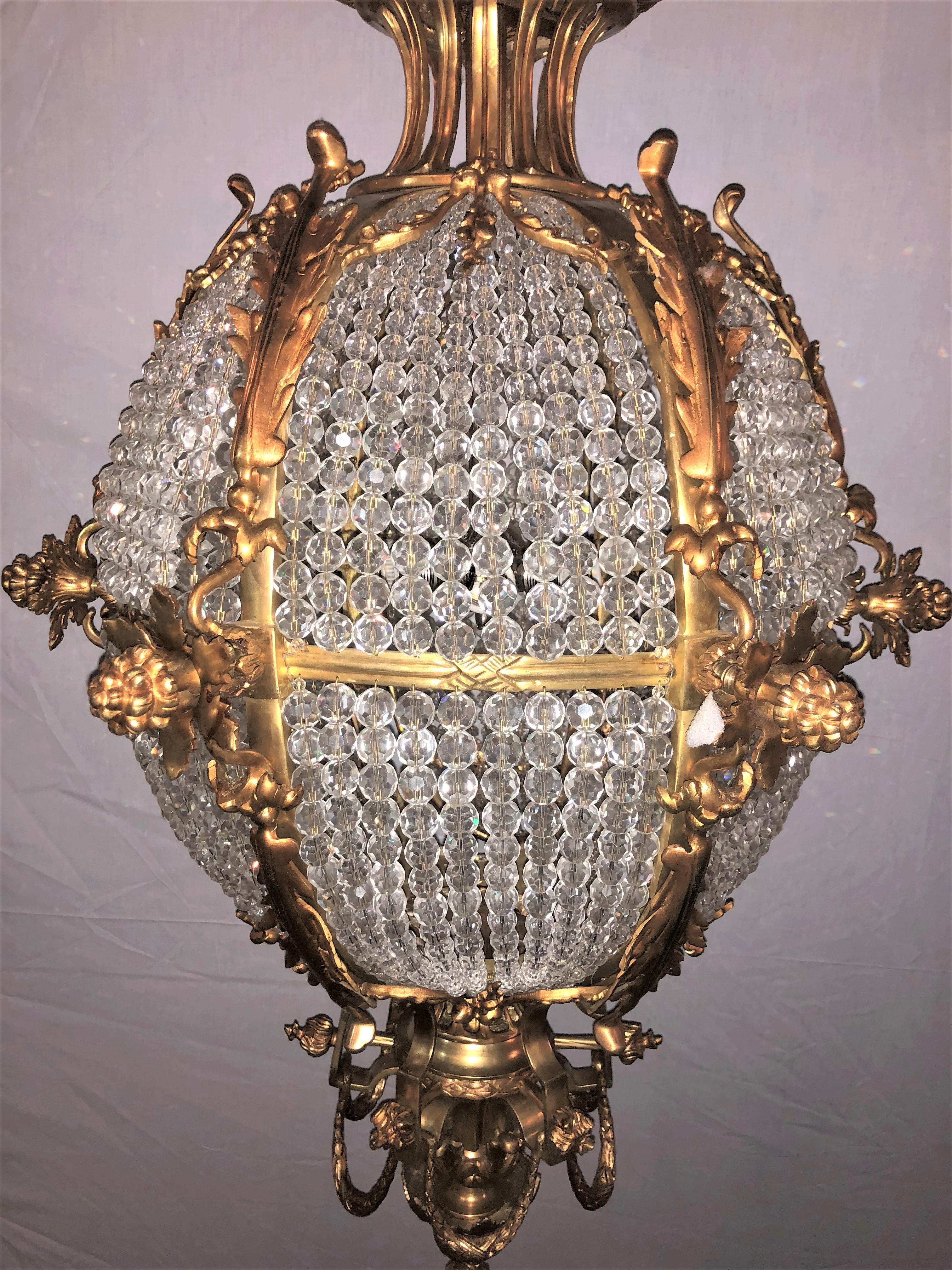 Louis XV Pair of Palatial Doré Bronze Circular Crystal Beaded Ball Chandeliers