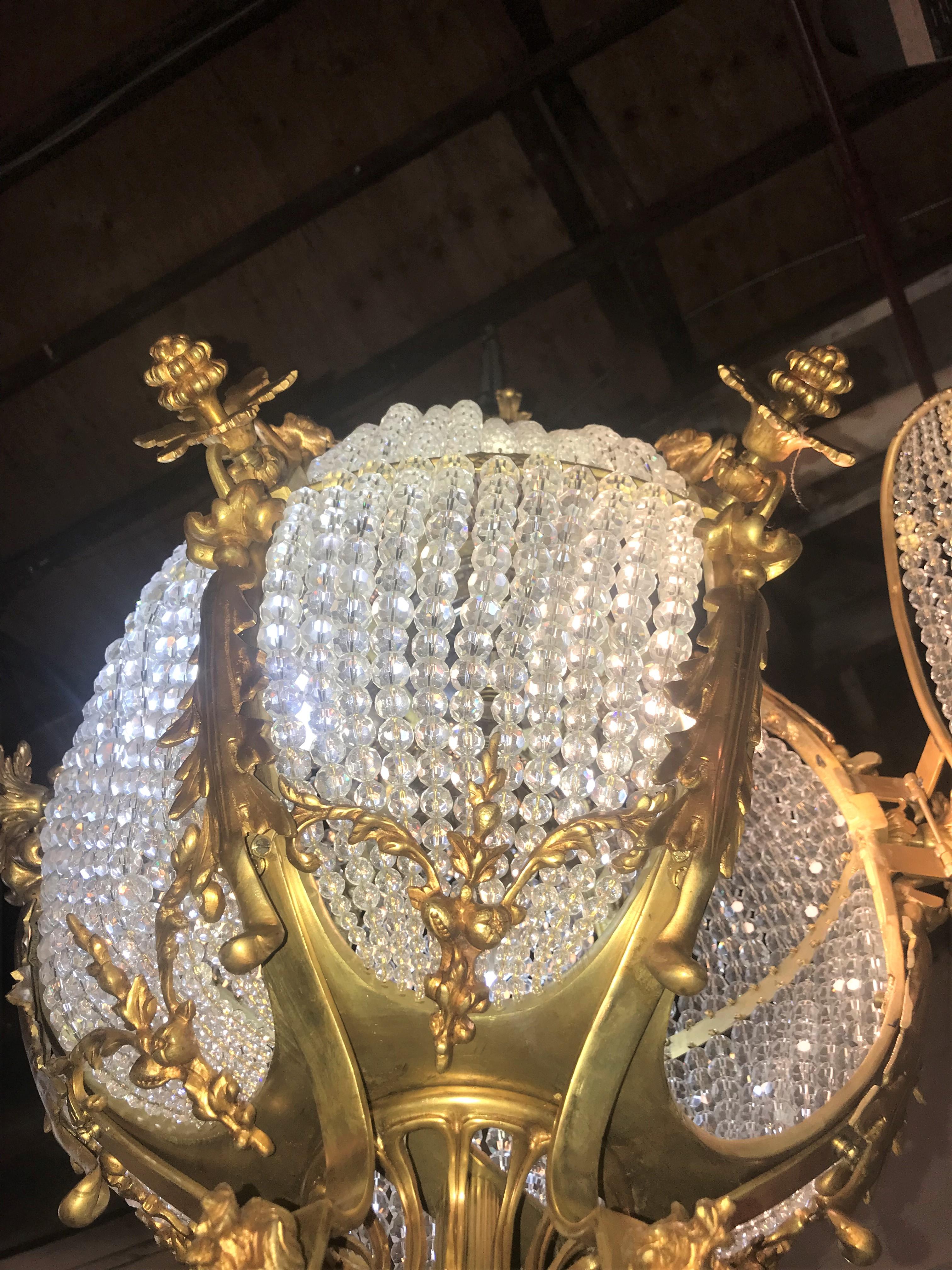 Pair of Palatial Doré Bronze Circular Crystal Beaded Ball Chandeliers 3