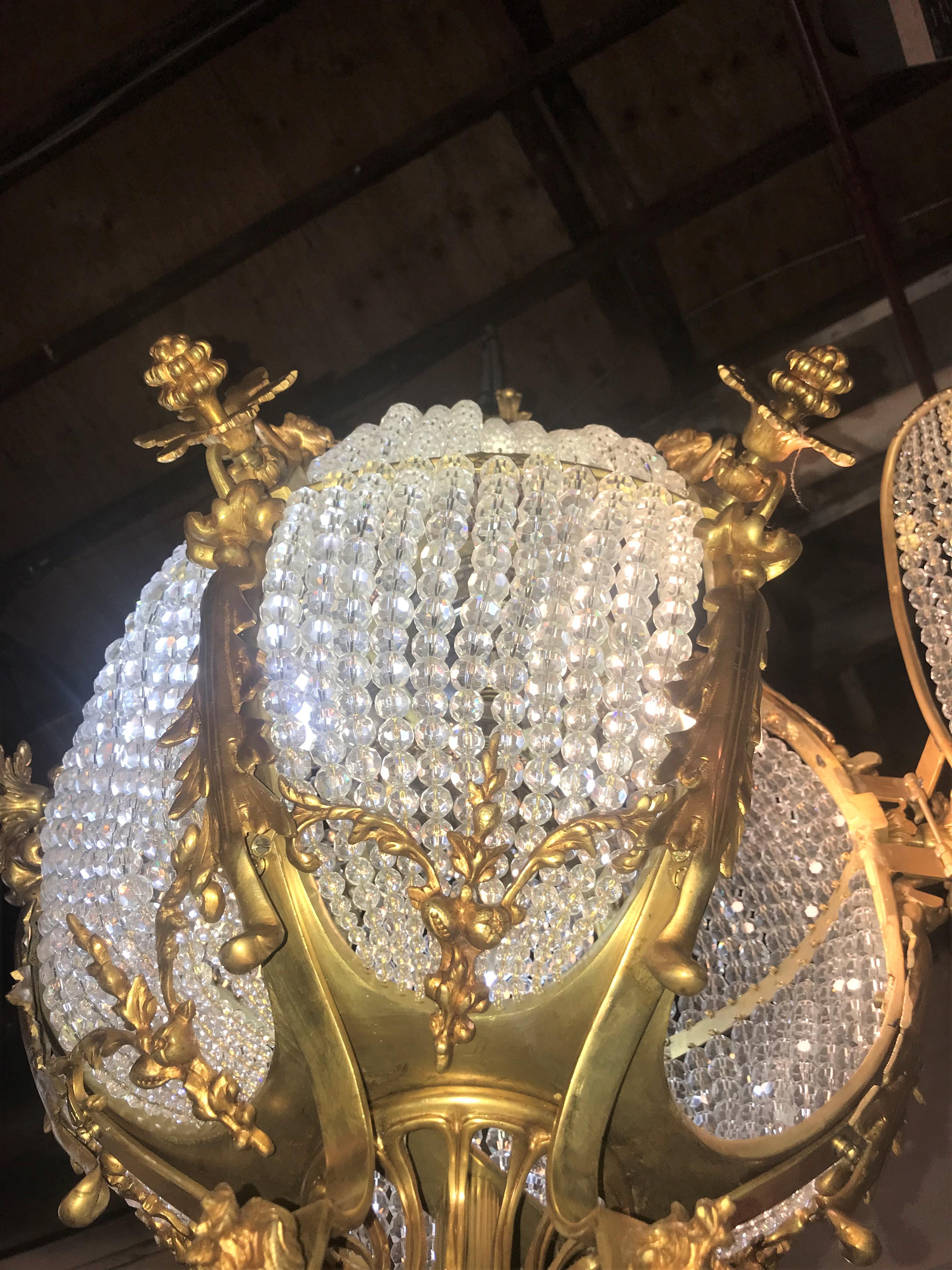 Pair of Palatial Doré Bronze Circular Crystal Beaded Ball Chandeliers For Sale 2