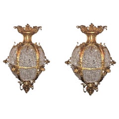 Pair of Palatial Doré Bronze Circular Crystal Beaded Ball Chandeliers