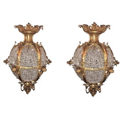 Retro Pair of Palatial Doré Bronze Circular Crystal Beaded Ball Chandeliers