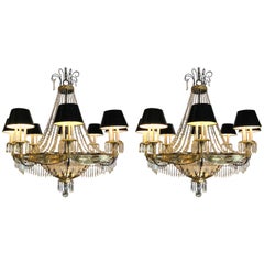 Pair of Palatial Eight-Arm Black and Brass Chandeliers with Shades