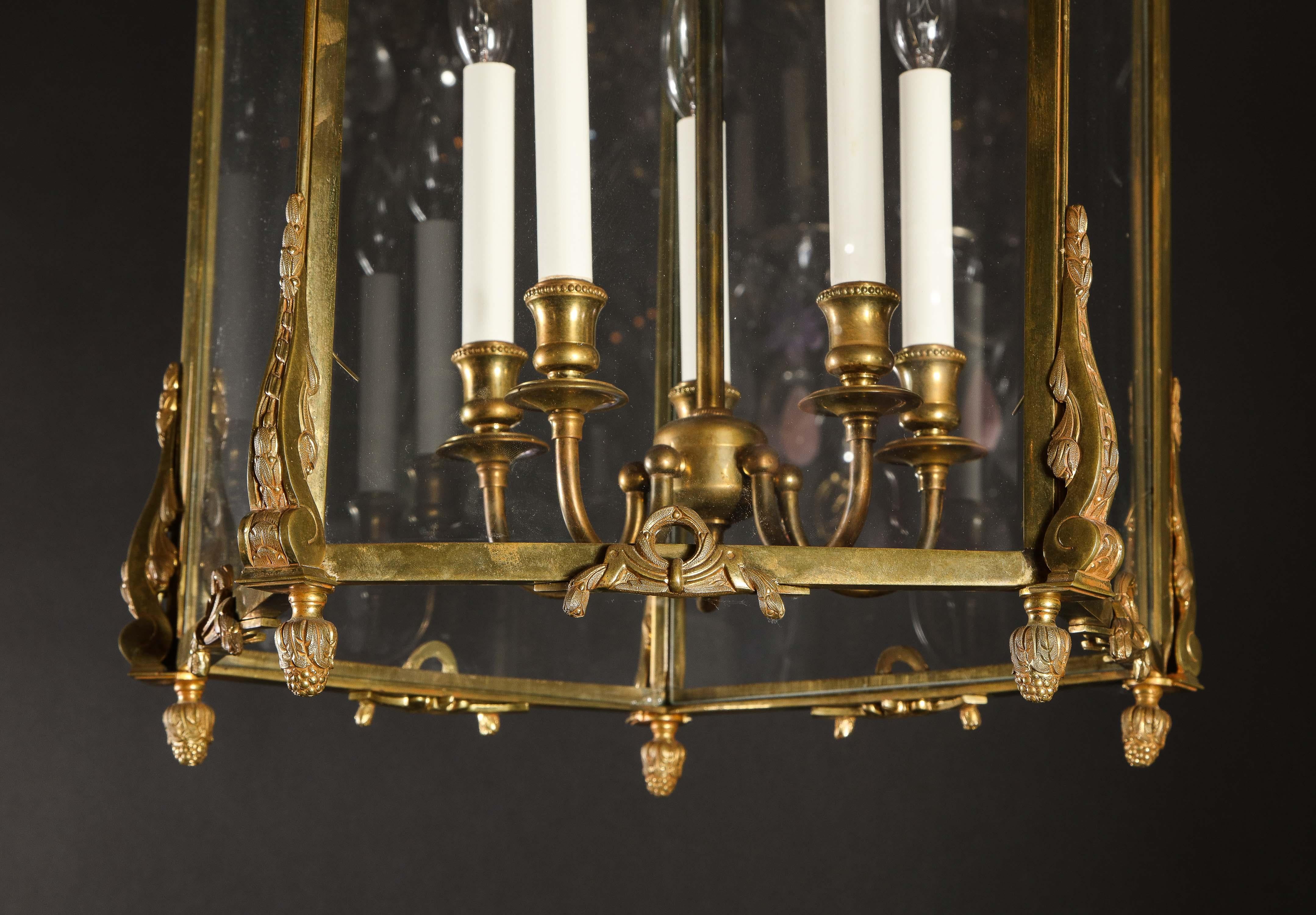Pair of Palatial French Louis XVI Style Gilt Bronze and Glass Lanterns 6
