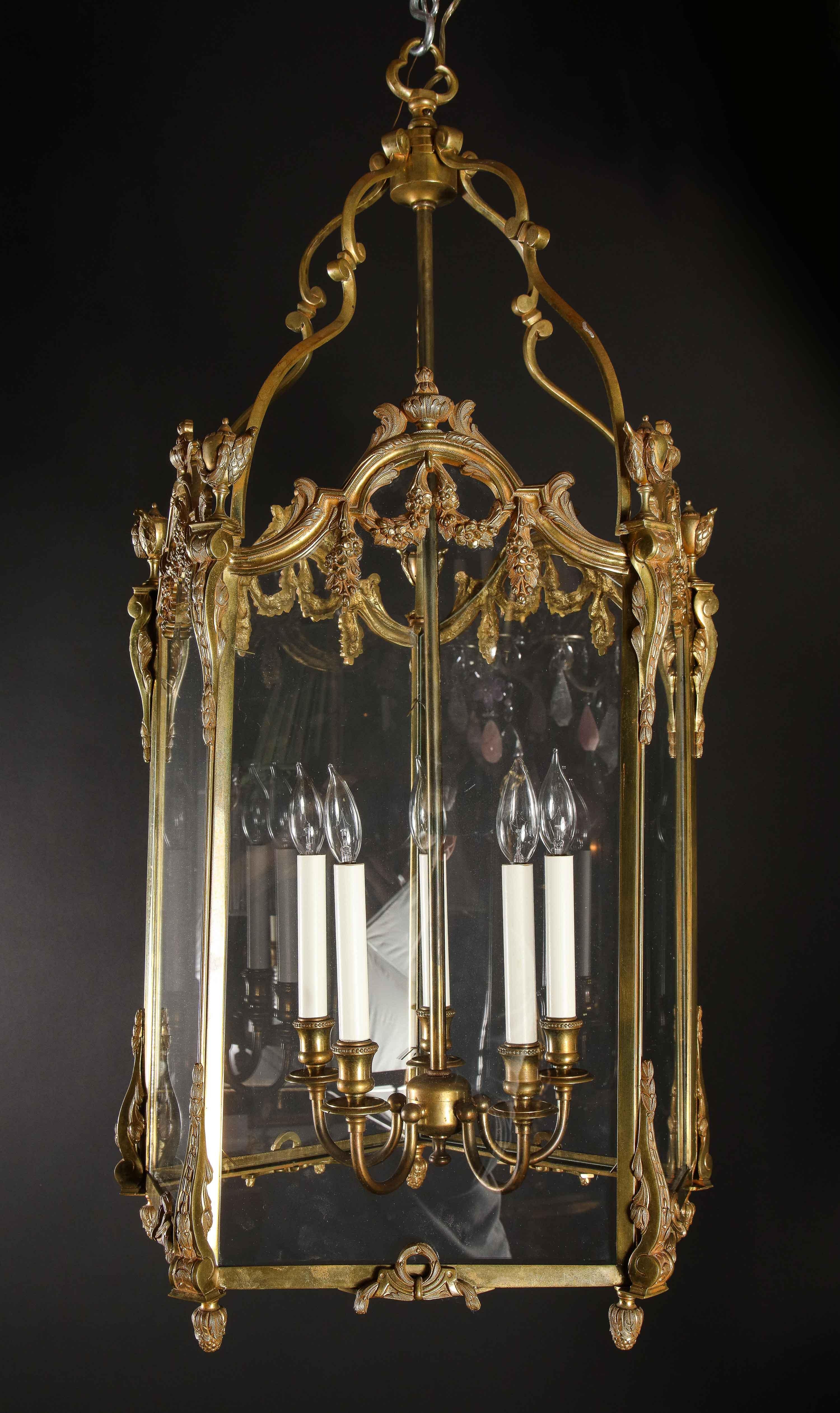 Pair of Palatial French Louis XVI Style Gilt Bronze and Glass Lanterns 7