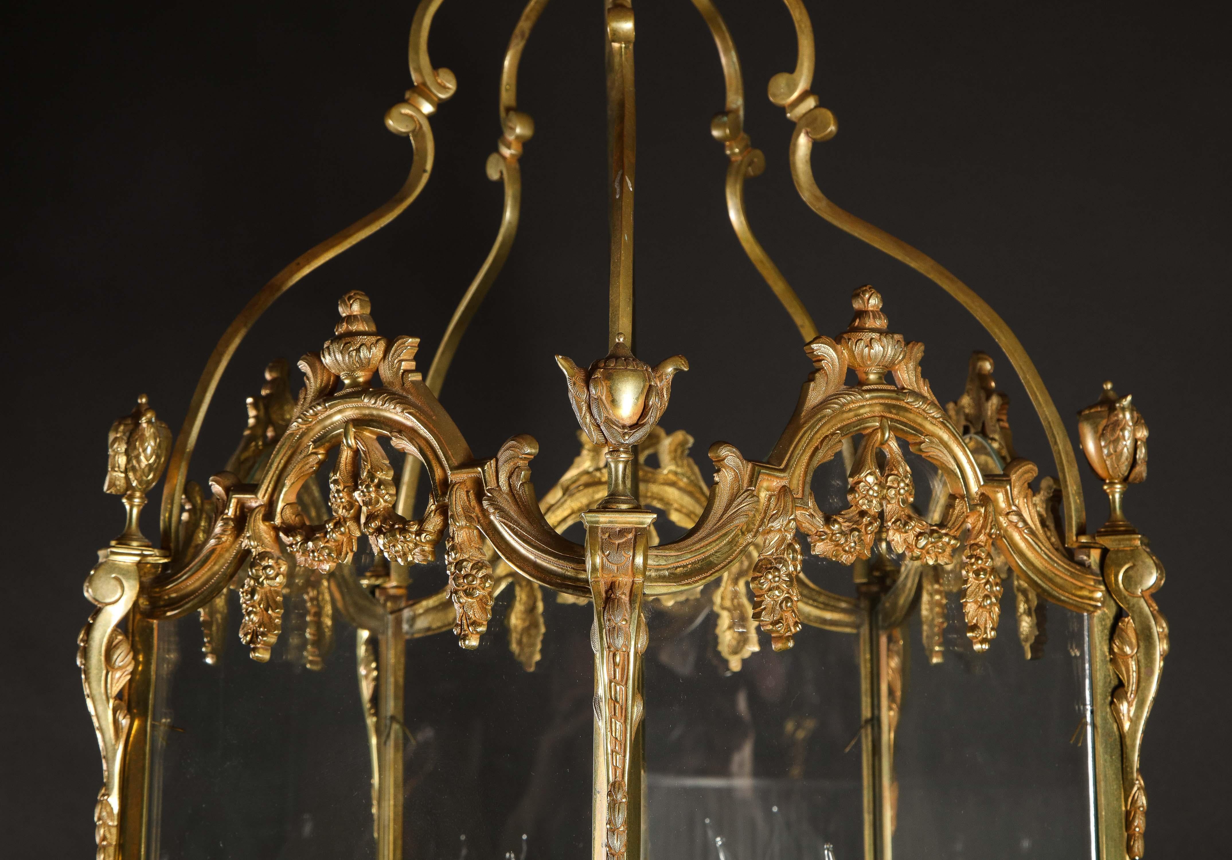 Pair of Palatial French Louis XVI Style Gilt Bronze and Glass Lanterns 11