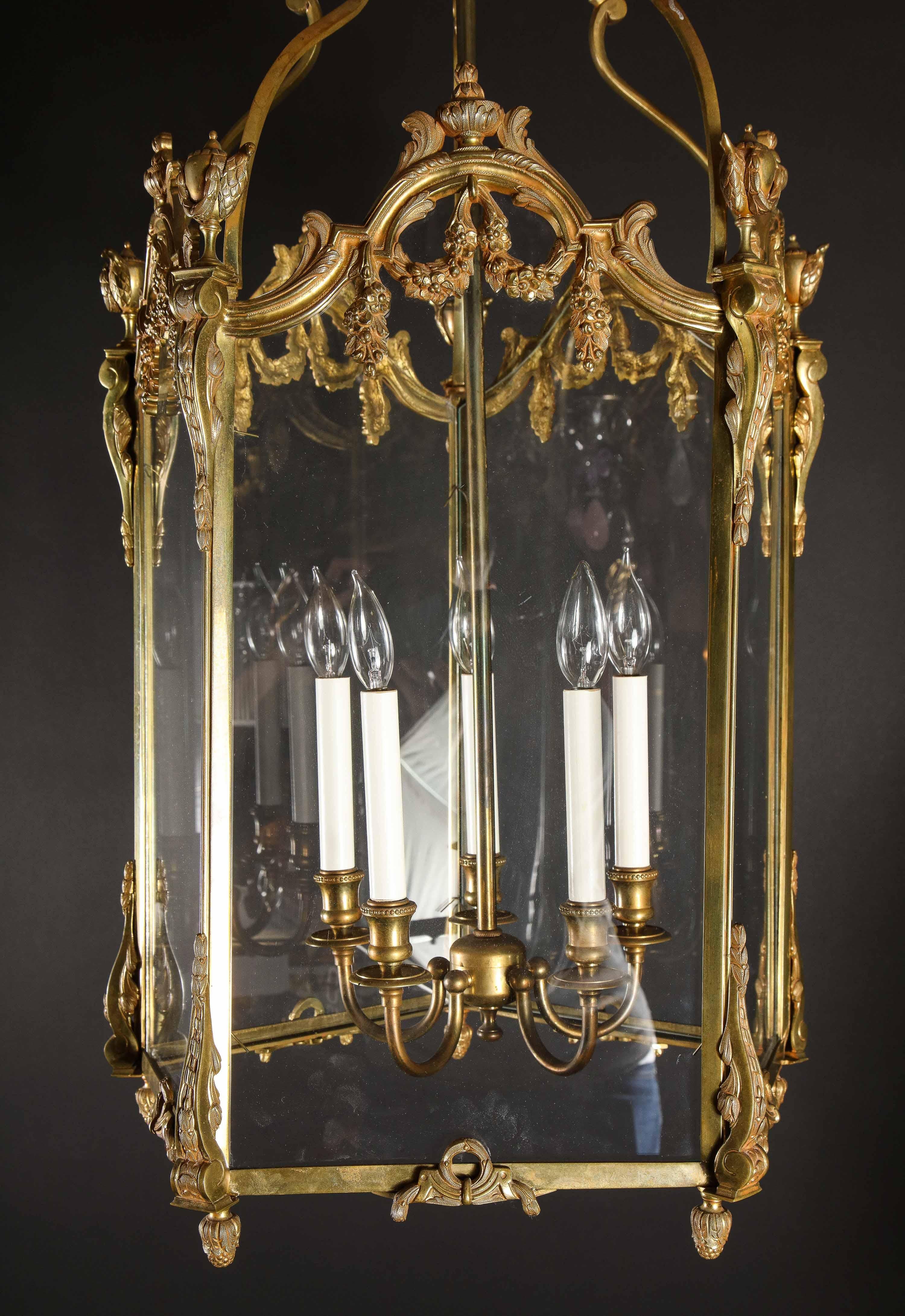 Pair of Palatial French Louis XVI Style Gilt Bronze and Glass Lanterns 12