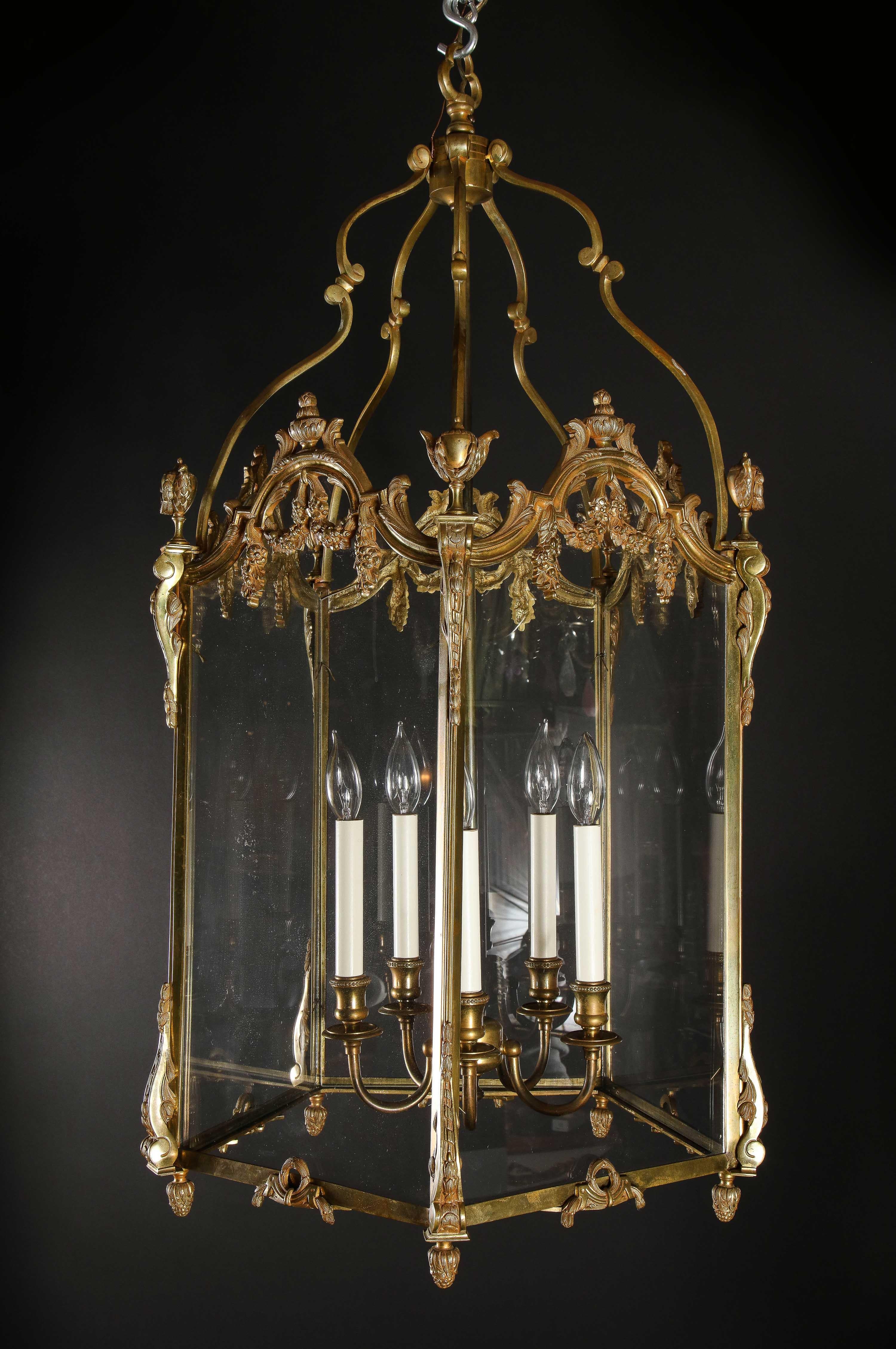 20th Century Pair of Palatial French Louis XVI Style Gilt Bronze and Glass Lanterns