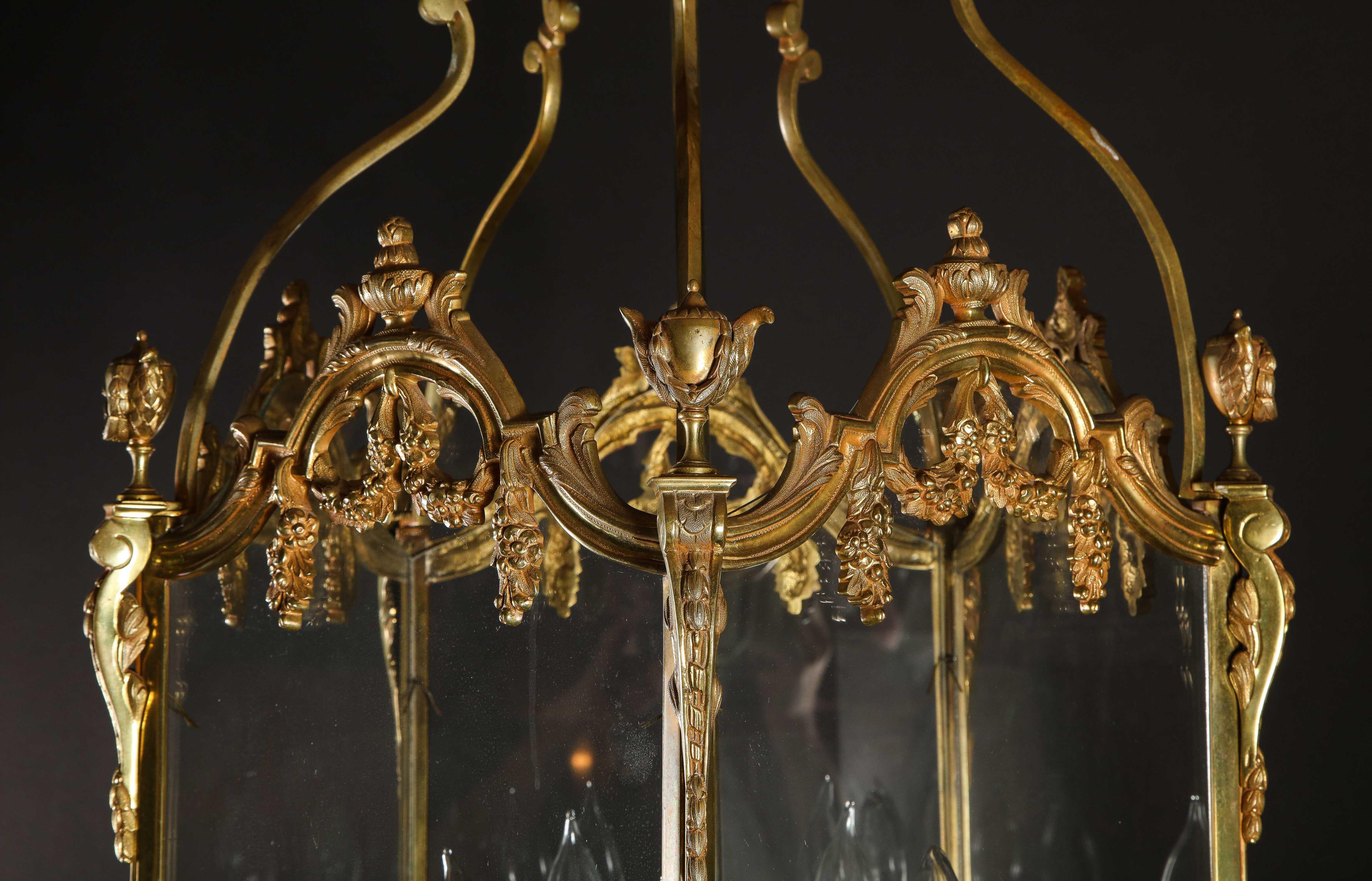 Pair of Palatial French Louis XVI Style Gilt Bronze and Glass Lanterns 1