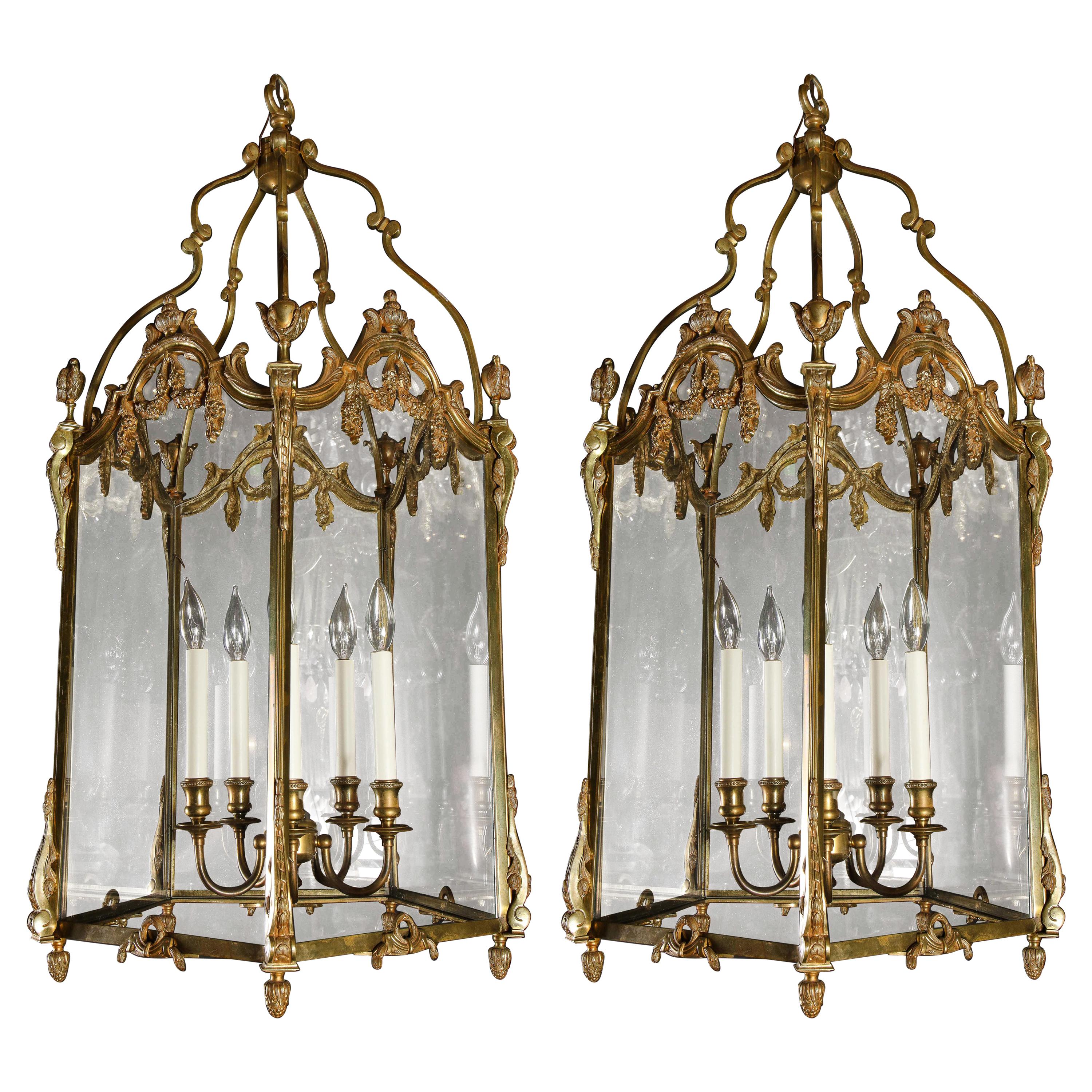 Pair of Palatial French Louis XVI Style Gilt Bronze and Glass Lanterns