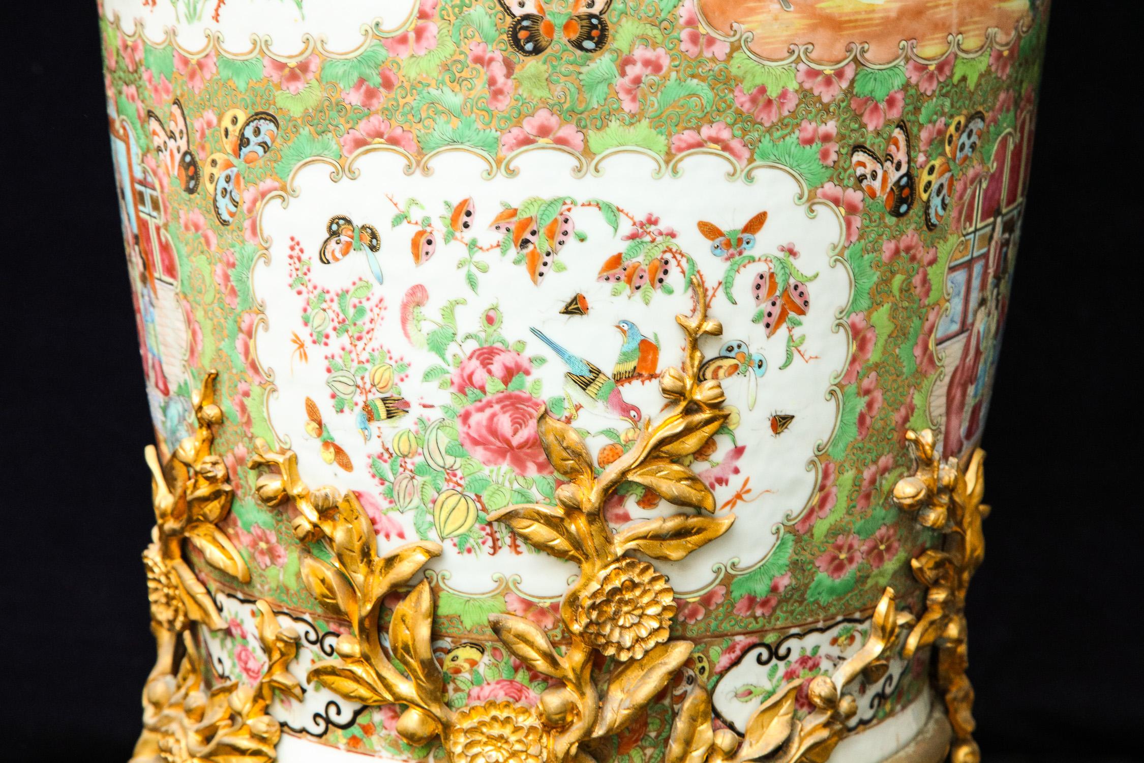 Pair of Palatial Gilt Bronze Mounted Chinese Export Famille Rose Porcelain Vases 7