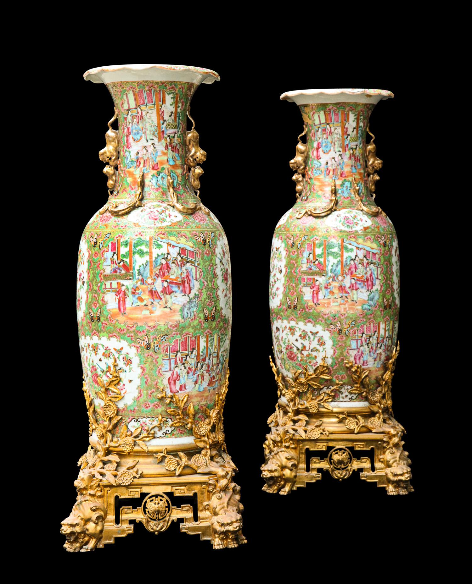 Chinoiserie Pair of Palatial Gilt Bronze Mounted Chinese Export Famille Rose Porcelain Vases