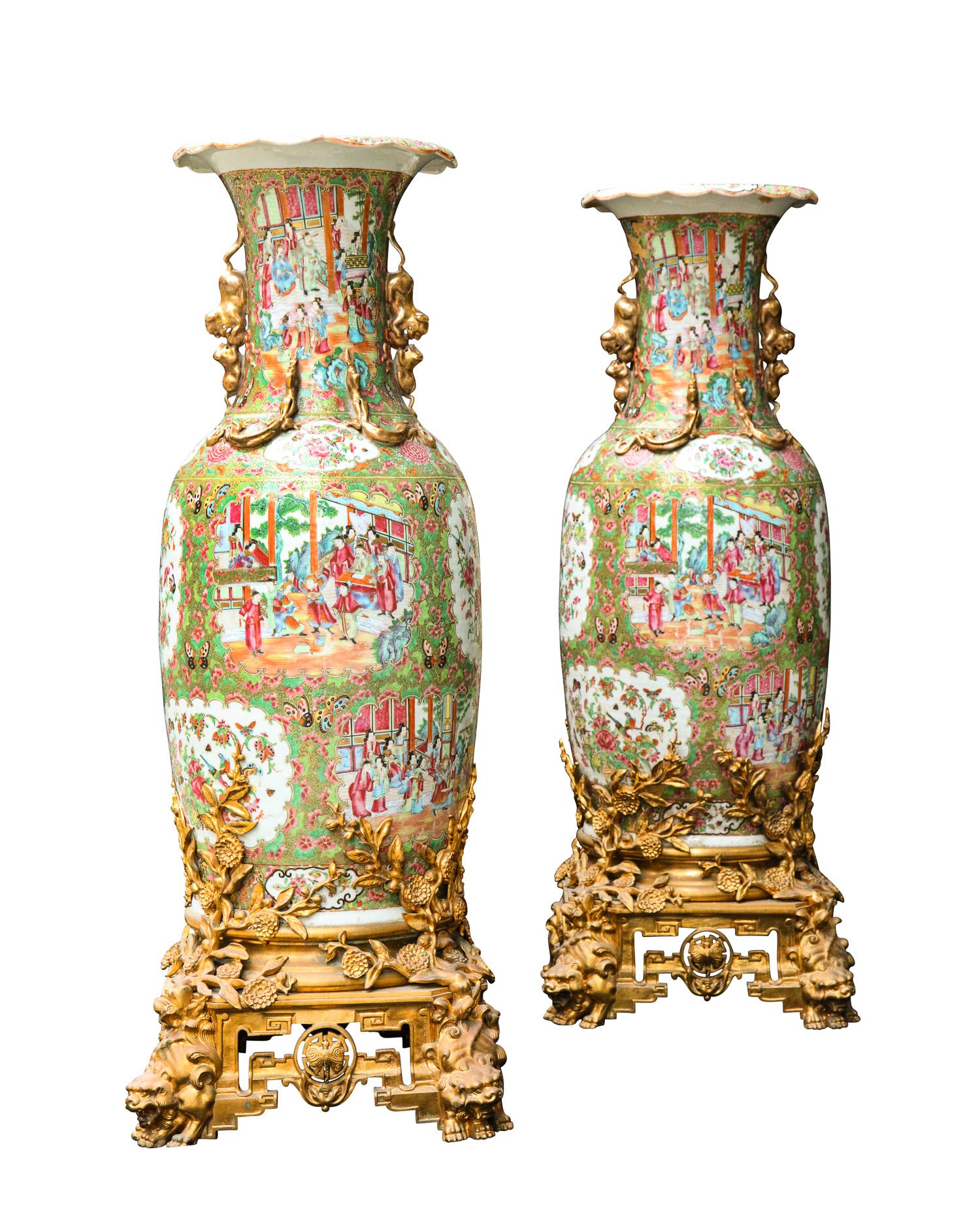 Pair of Palatial Gilt Bronze Mounted Chinese Export Famille Rose Porcelain Vases In Good Condition In New York, NY