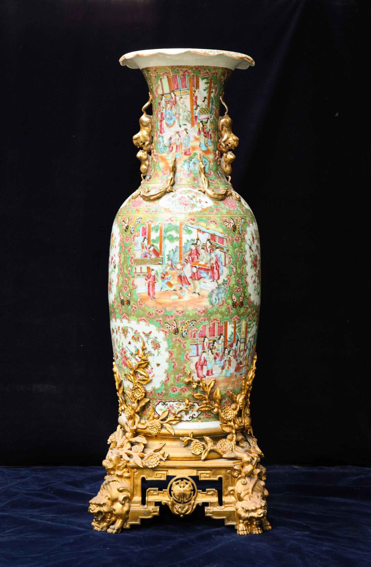 19th Century Pair of Palatial Gilt Bronze Mounted Chinese Export Famille Rose Porcelain Vases