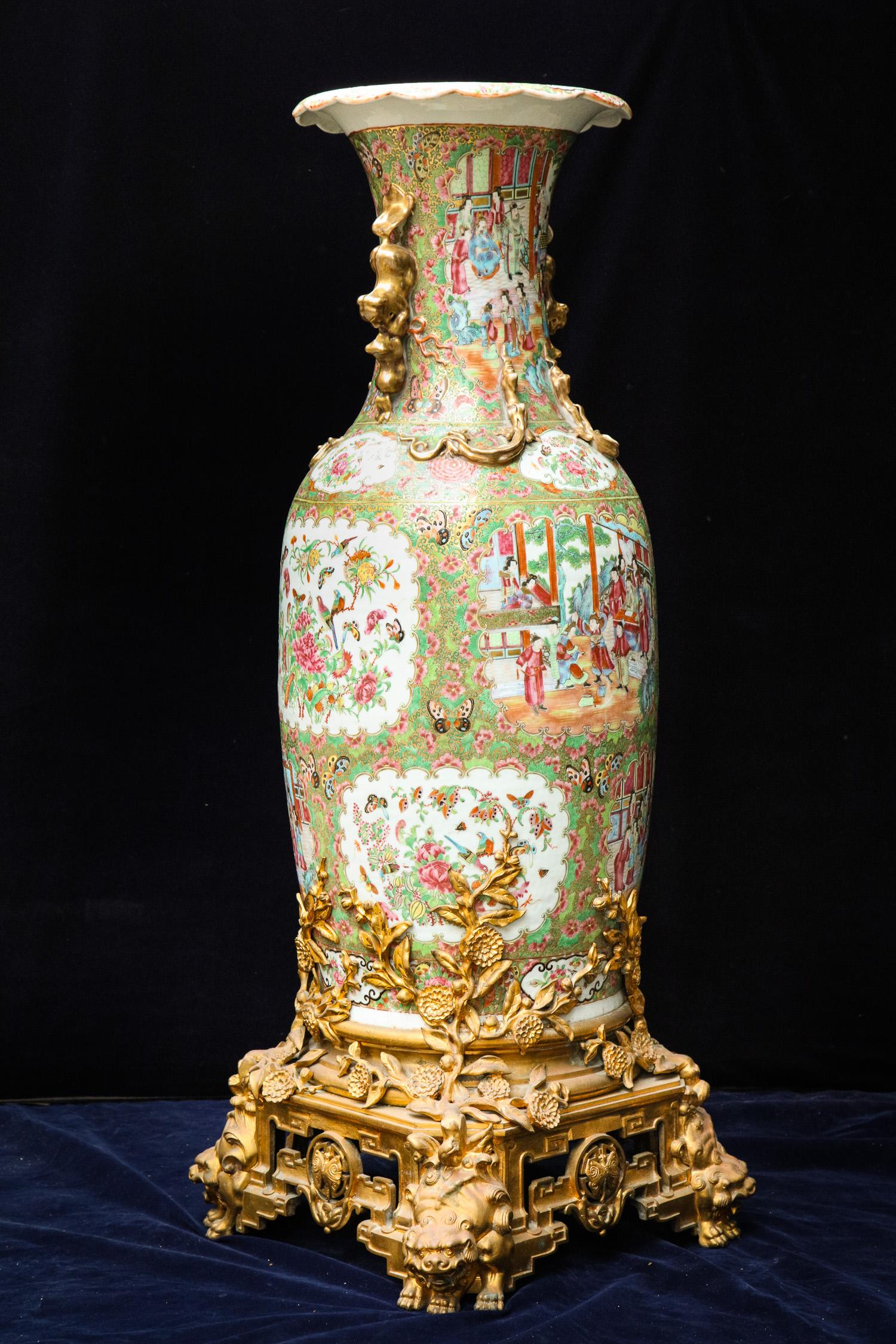 Pair of Palatial Gilt Bronze Mounted Chinese Export Famille Rose Porcelain Vases 1