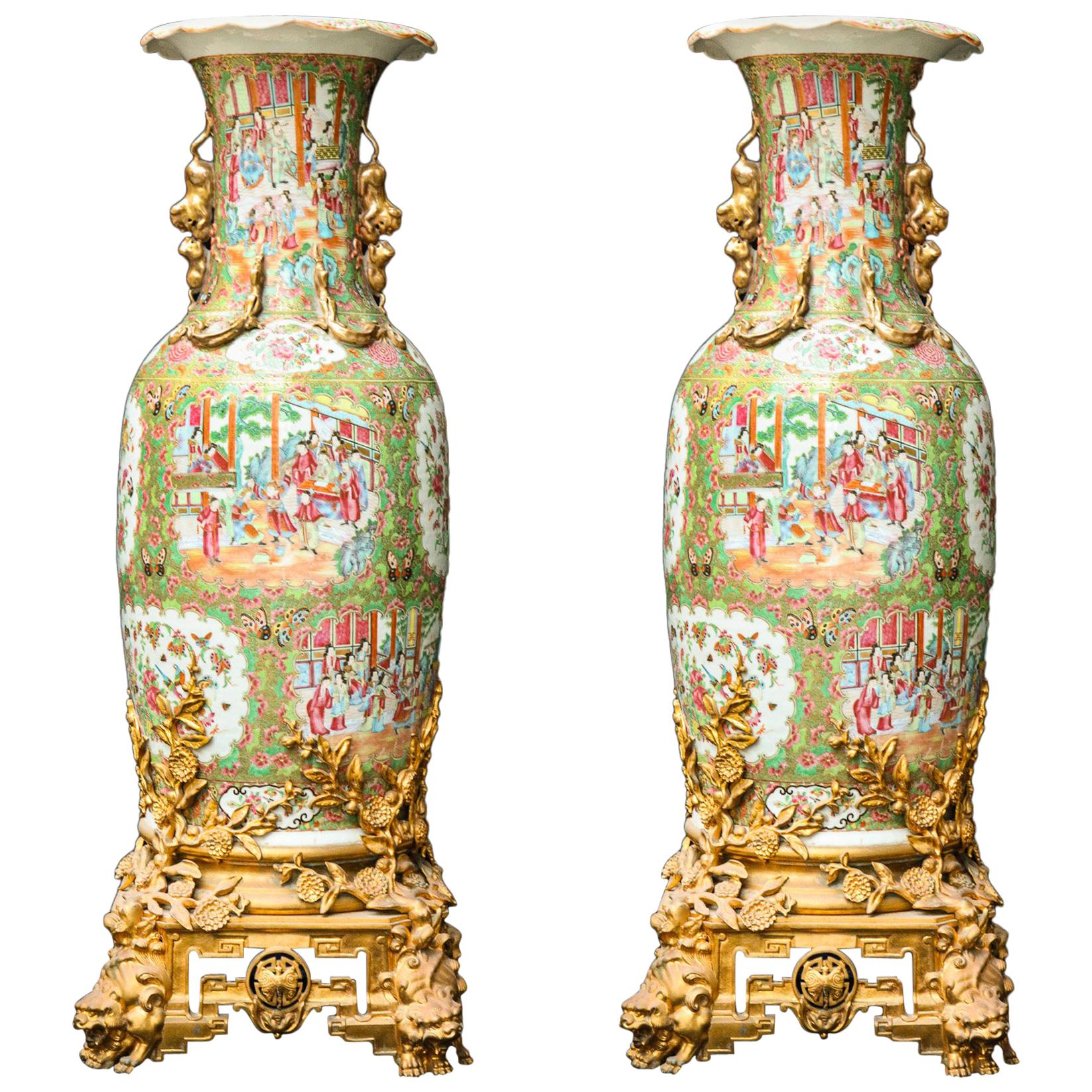 Pair of Palatial Gilt Bronze Mounted Chinese Export Famille Rose Porcelain Vases