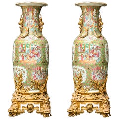 Pair of Palatial Gilt Bronze Mounted Chinese Export Famille Rose Porcelain Vases