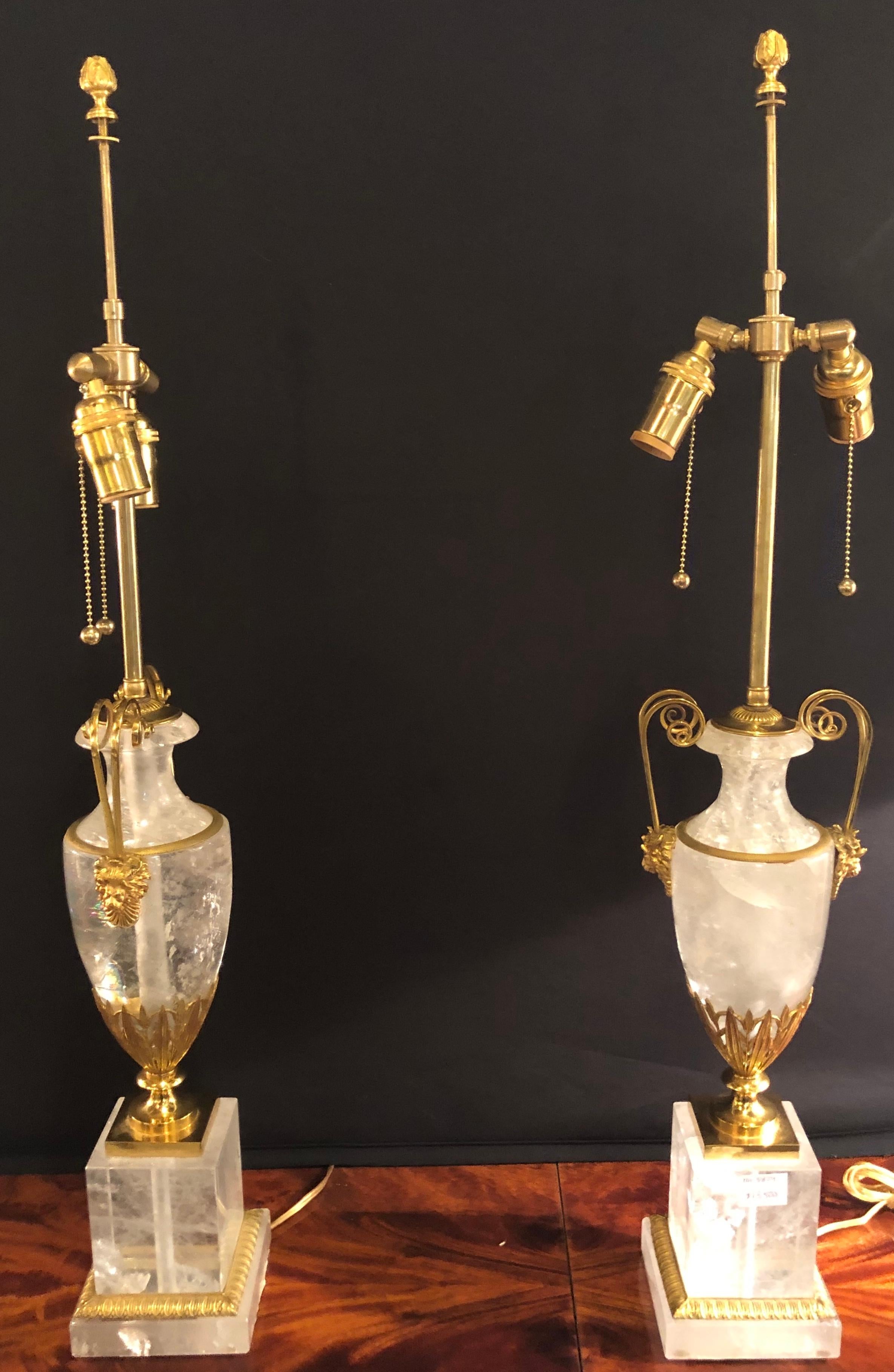 Louis XV Pair of Palatial Gilt Gold and Rock Crystal Urn Form Table Lamps