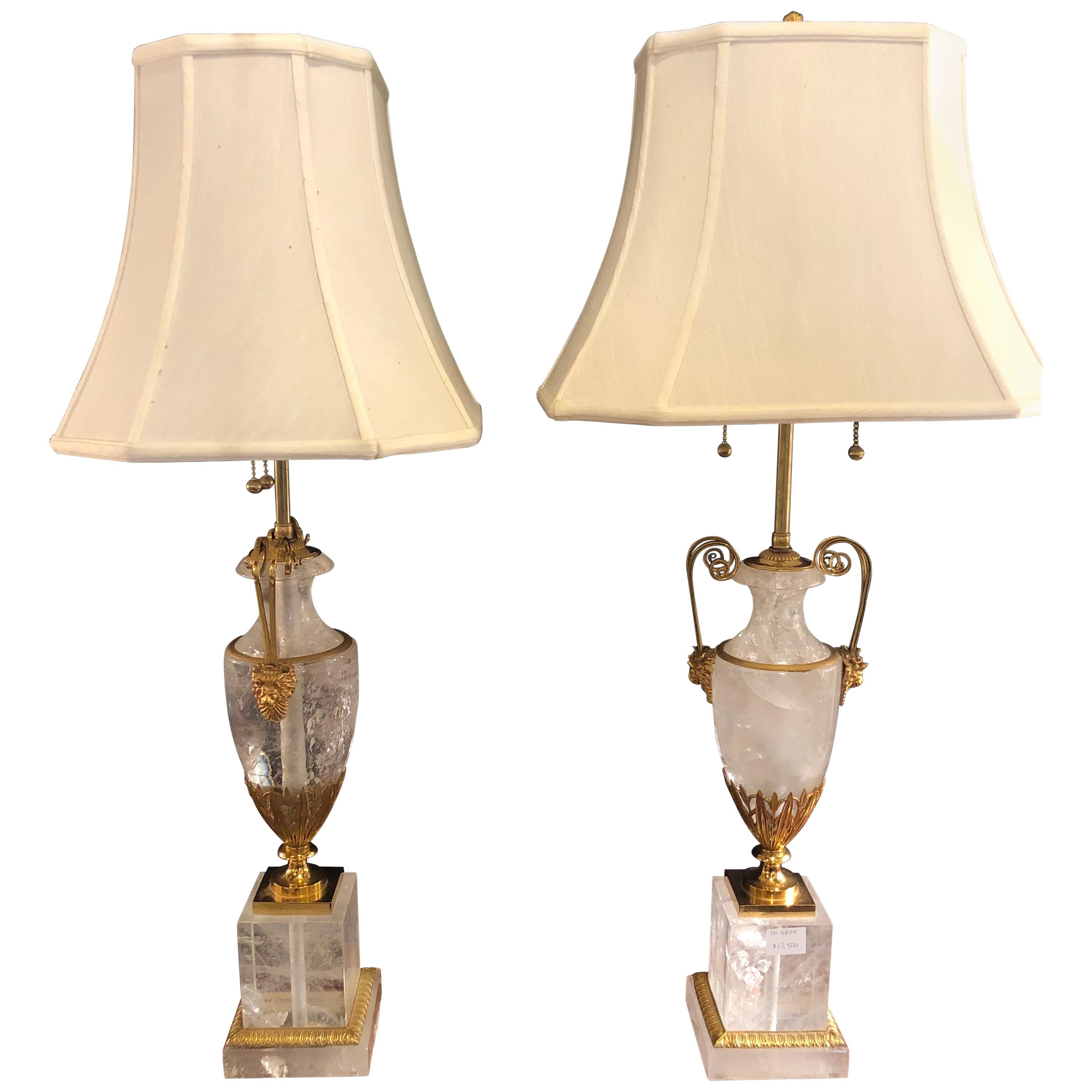 Pair of Palatial Gilt Gold and Rock Crystal Urn Form Table Lamps
