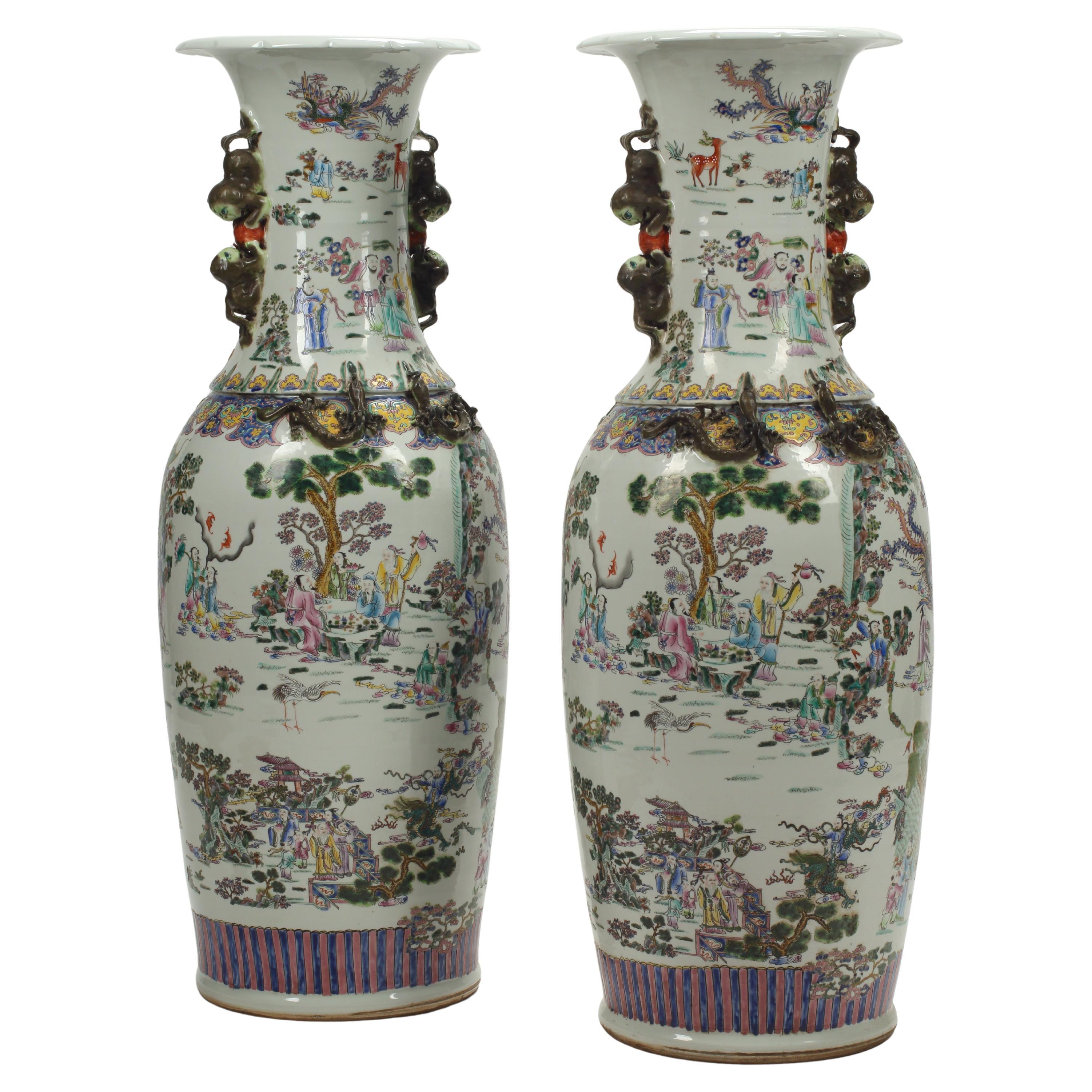 Pair of Palatial Hand Painted Chinese Porcelain Vases