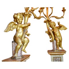 Pair of Palatial Italian 18thC 5-Light Rococo Giltwood Cherub Torcheres