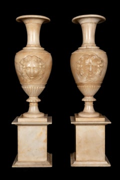 Pair of Palatial Large Antique Italian Neoclassical Carved Alabaster Urns