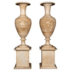 Pair of Palatial Large Antique Italian Neoclassical Carved Alabaster Urns