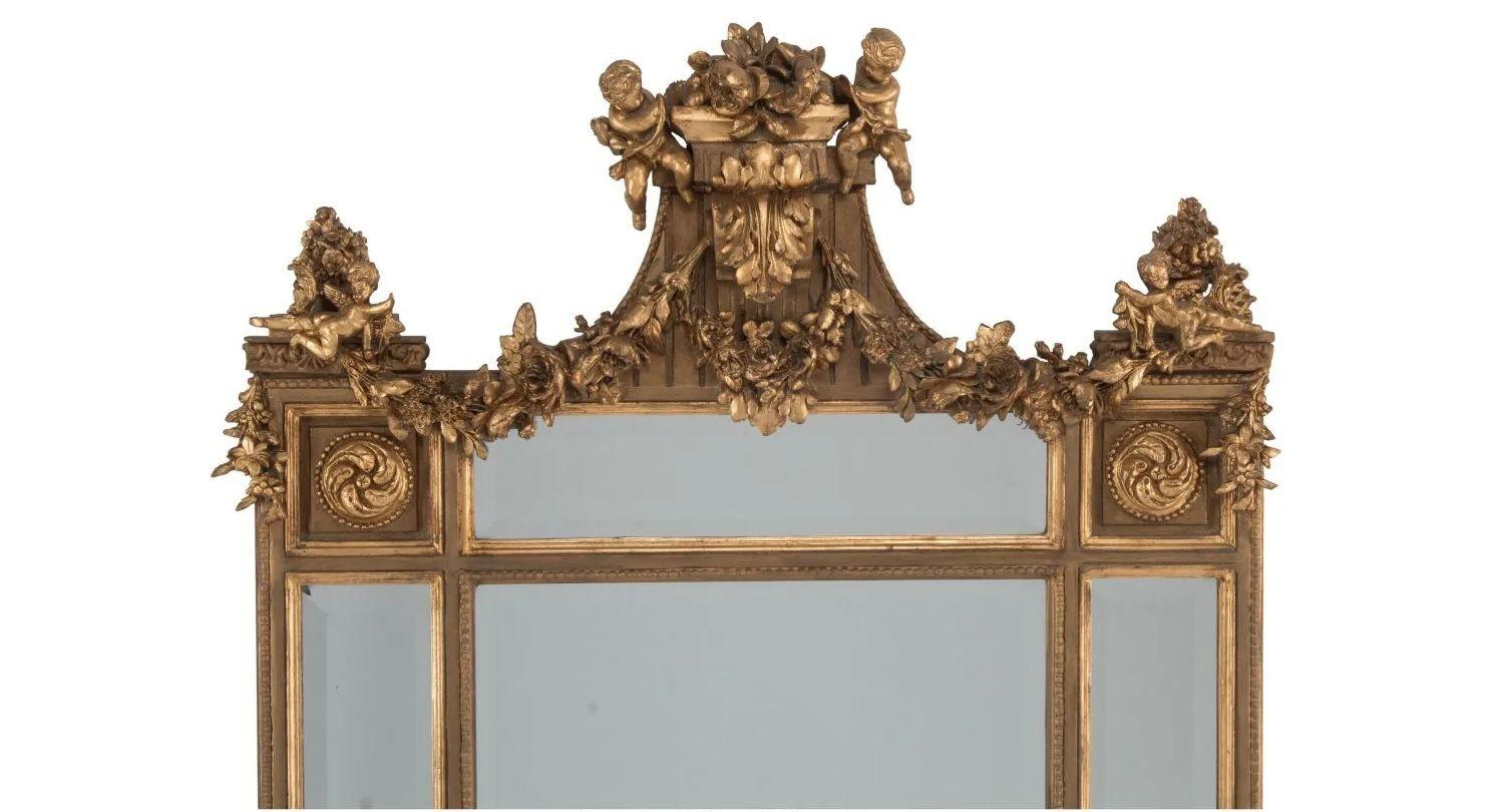20ième siècle Paire de Miroirs Palatial en Bois Doré Louis XVI Sculptés à la Main, Porte / Console / Porte Mural en vente