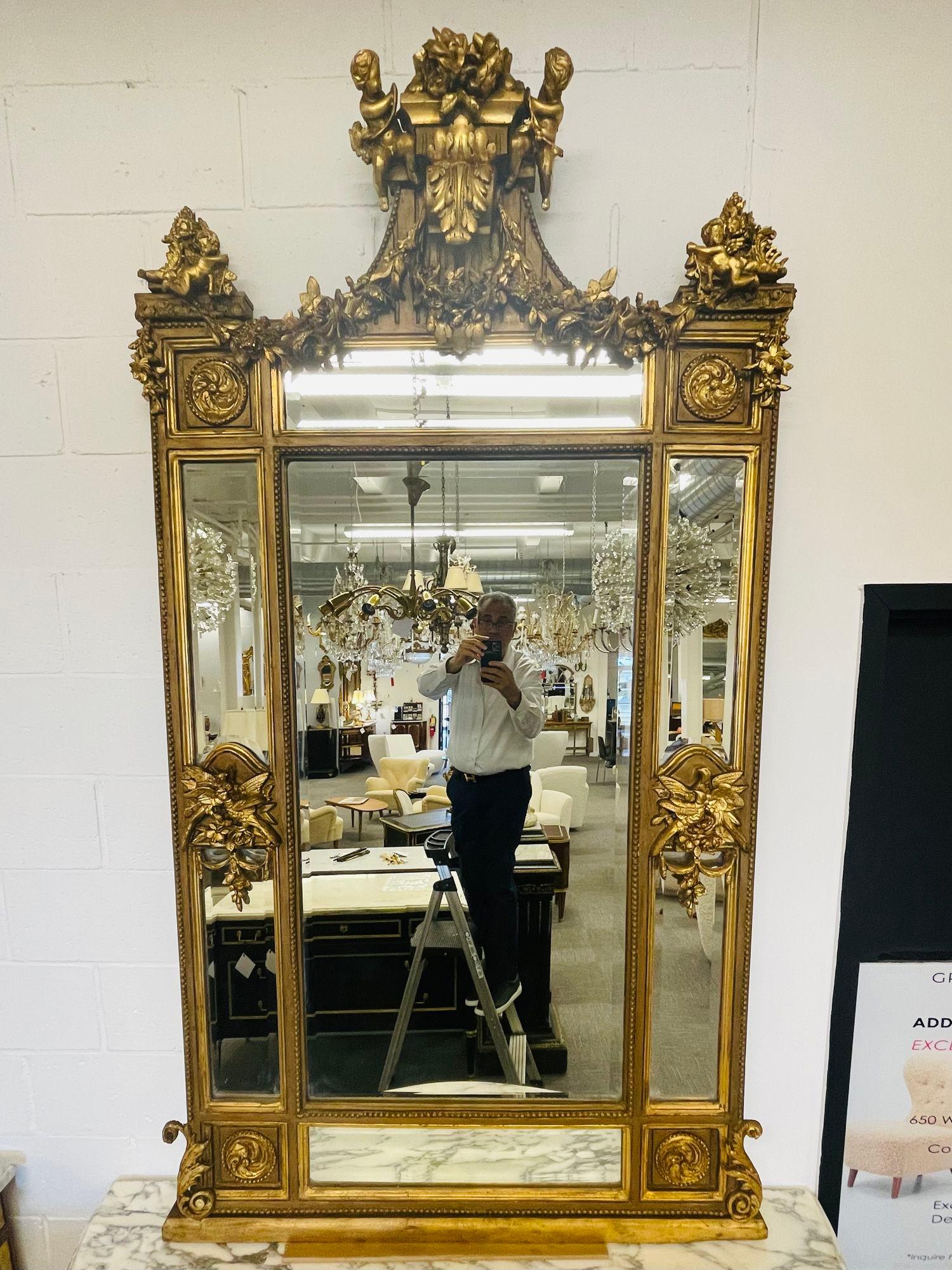 Paar Palastspiegel aus vergoldetem Holz, handgeschnitzt, Pfeiler/Konsole/Wandspiegel, Louis XVI im Angebot 1