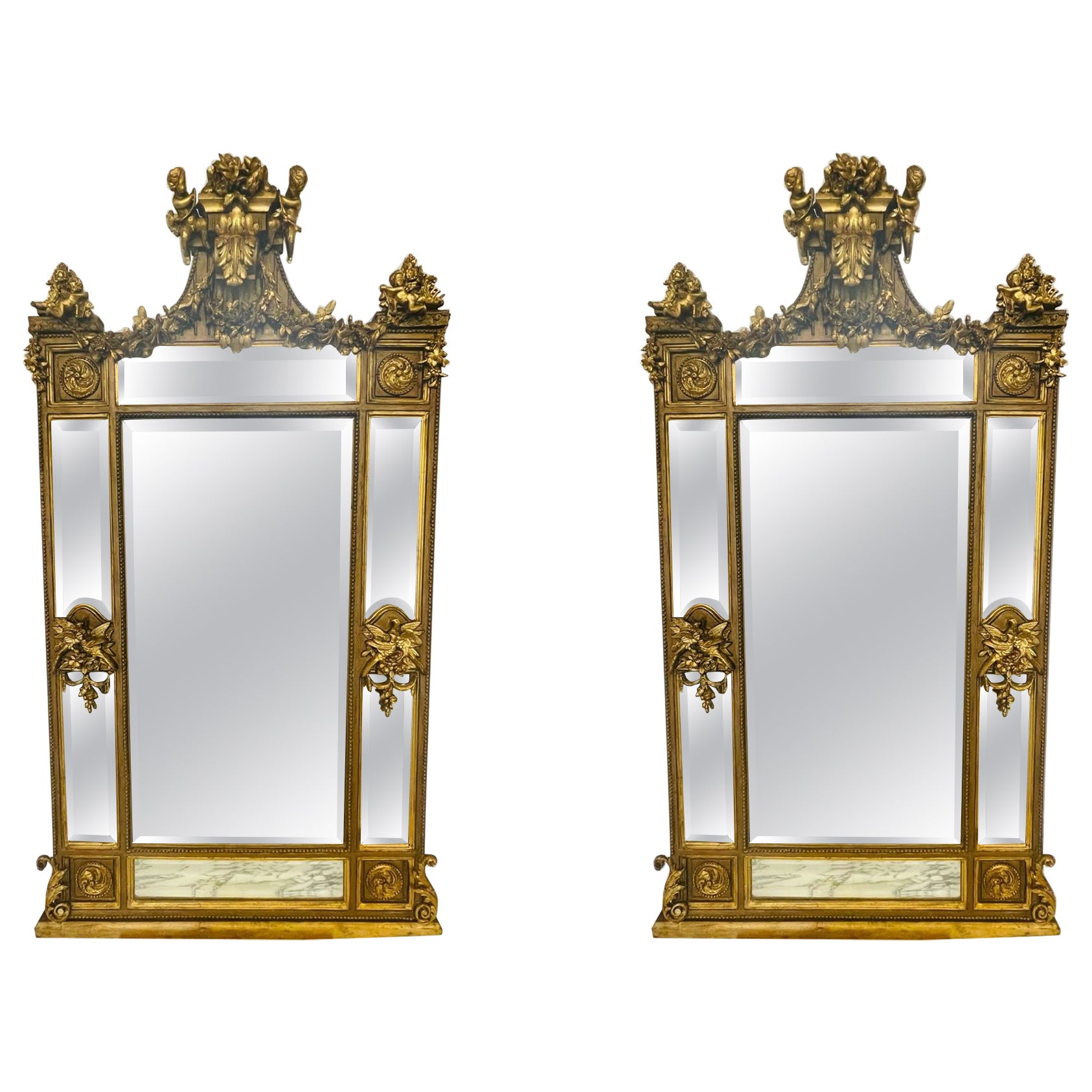 Paar Palastspiegel aus vergoldetem Holz, handgeschnitzt, Pfeiler/Konsole/Wandspiegel, Louis XVI