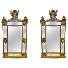 Paire de Miroirs Palatial en Bois Doré Louis XVI Sculptés à la Main, Porte / Console / Porte Mural