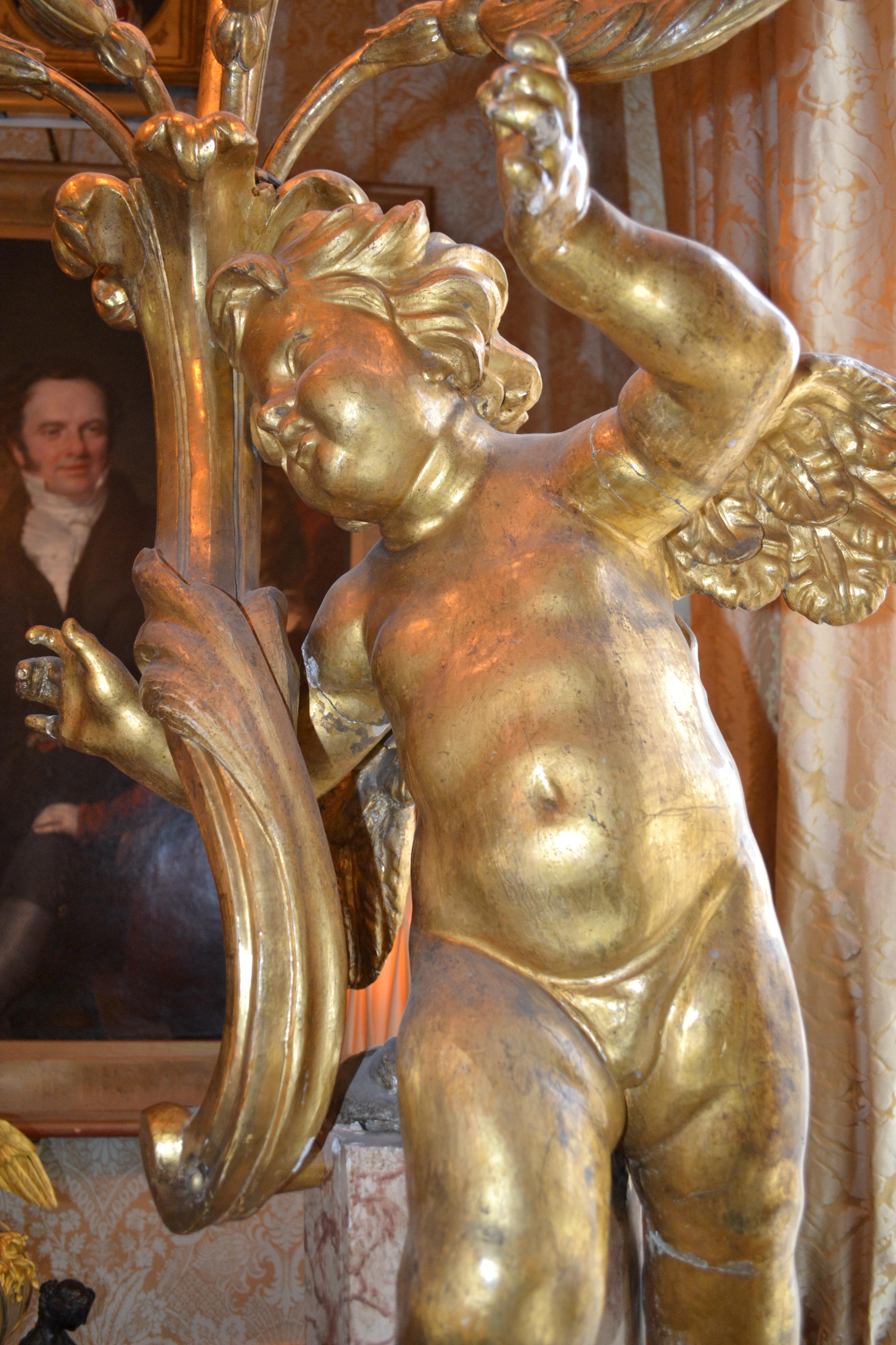Paire de torchères chérubins en bois doré rococo à 5 lumières, de style palatial, 18ème siècle en vente 5