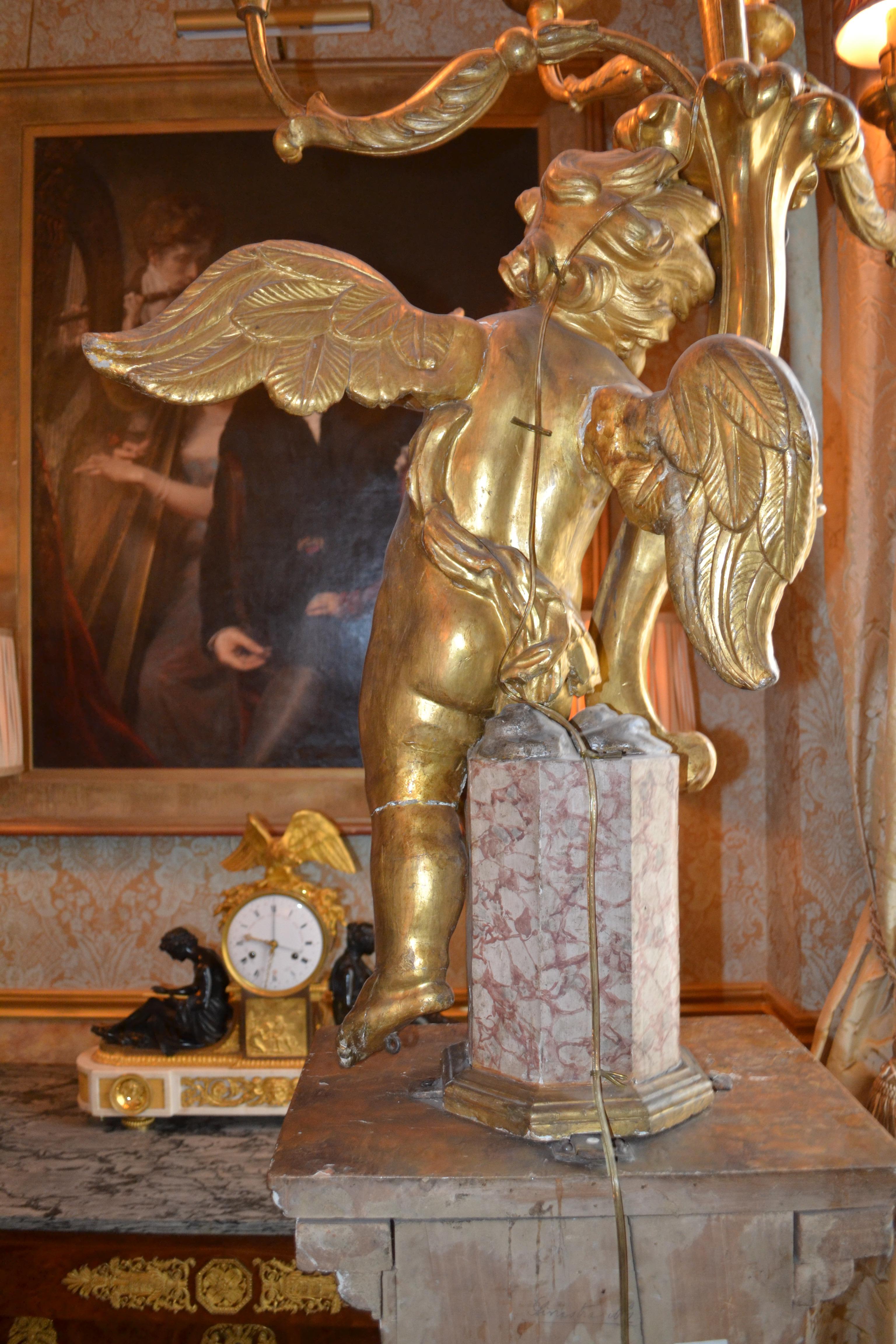 Pair of Palatial Italian 18thC 5-Light Rococo Giltwood Cherub Torcheres For Sale 11