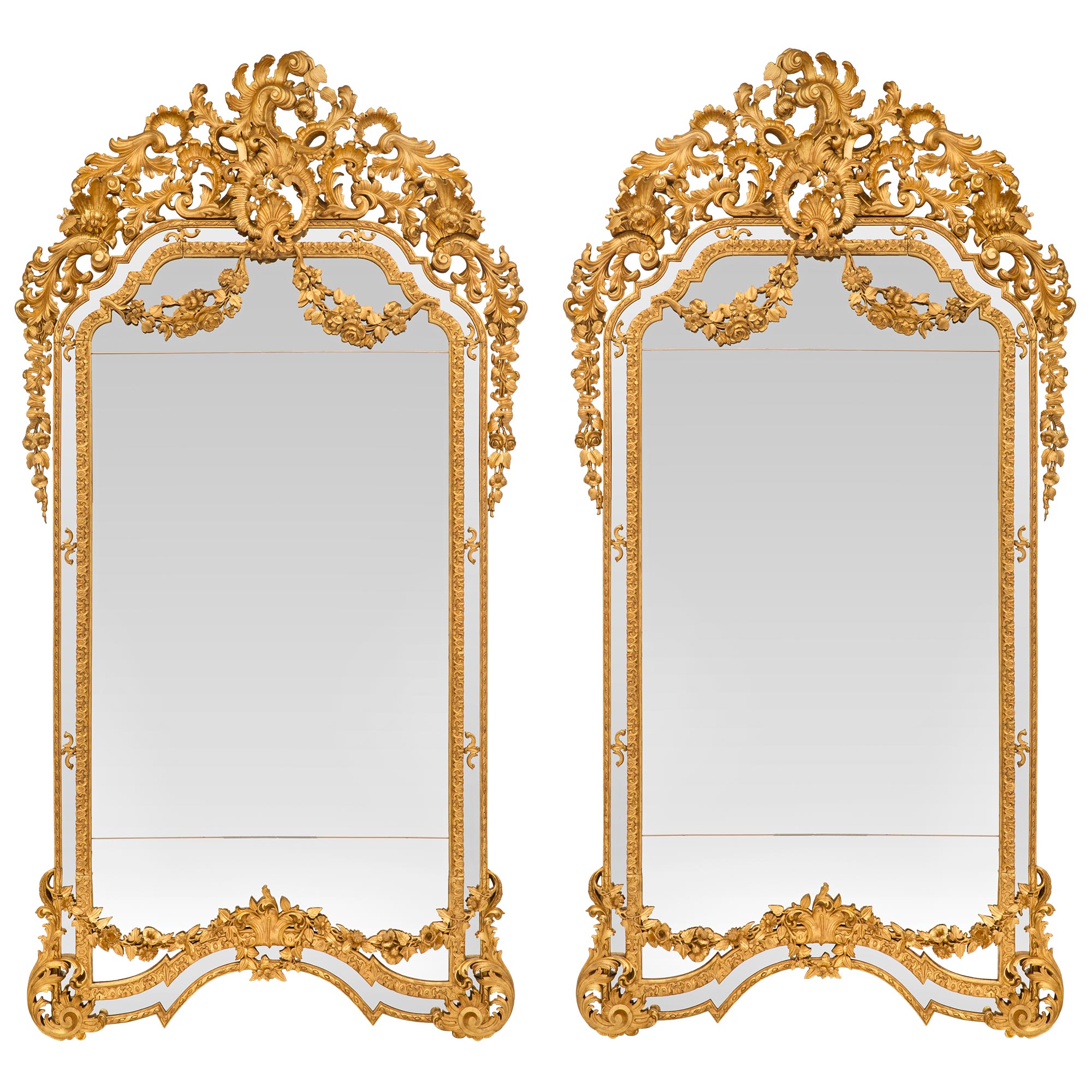 Pair of Palatially Scaled Italian 19th Century Baroque St. Double Framed Mirrors