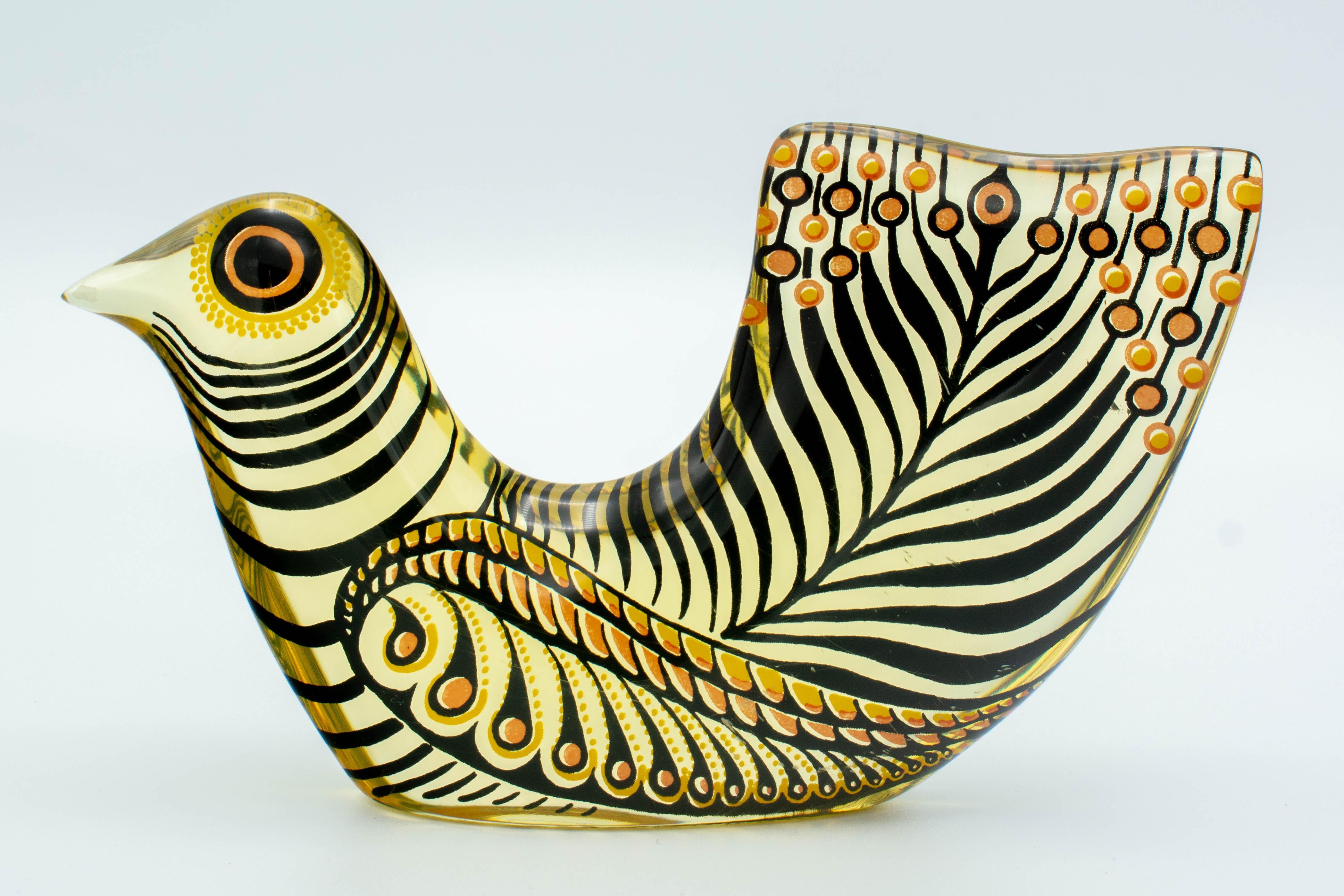 A pair of Mid-Century Modern Lucite Op Art birds designed by Abraham Palatnik. Original labels on bottom: Made in Brazil.
Abraham Palatnik (born in 1928) is a Brazilian artist and inventor whose innovations include kinechromatic art. Part of the