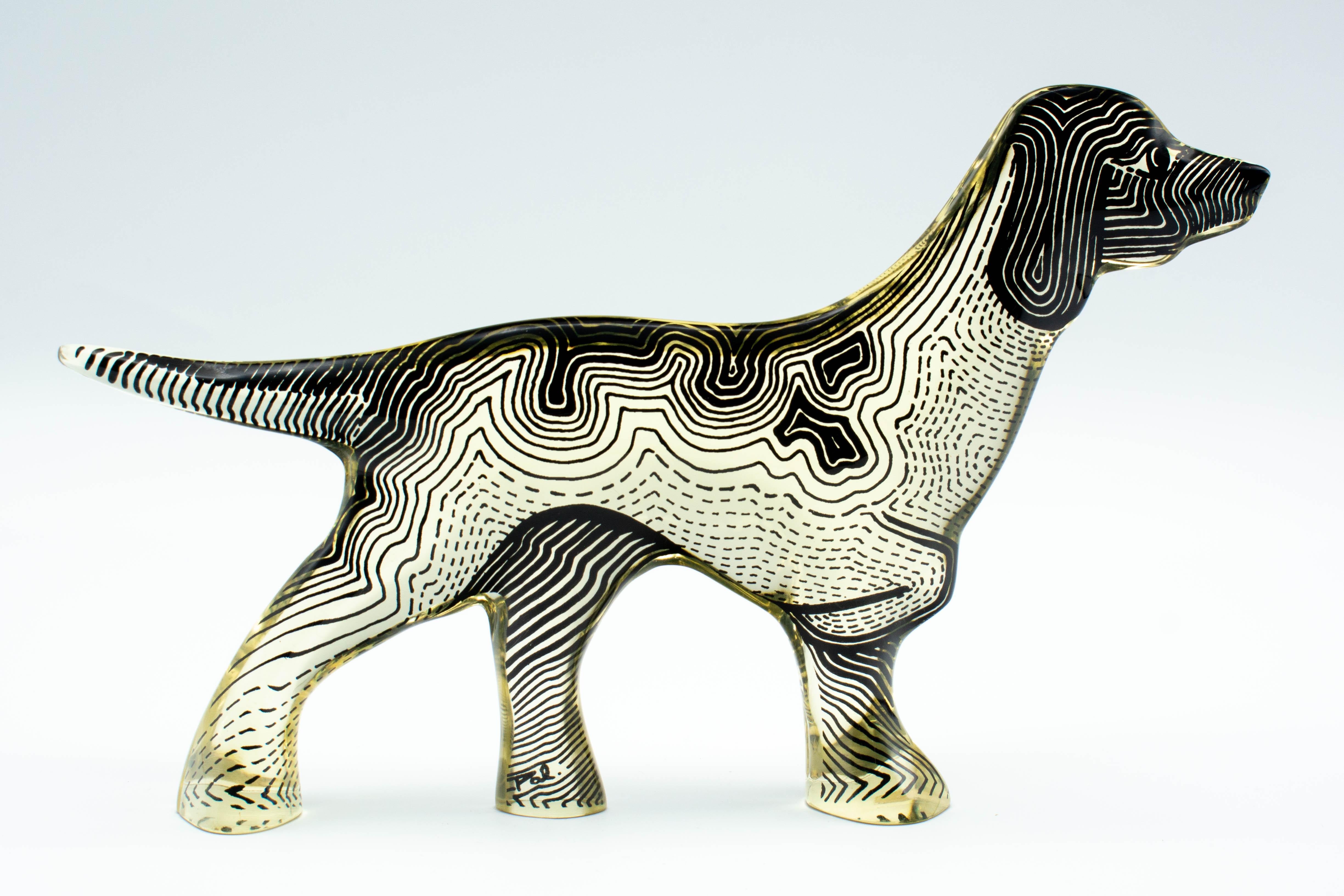 A pair of Mid-Century Modern Lucite Op Art dogs, a Pointer and a Scottie, designed by Abraham Palatnik. Original labels on bottom: Made in Brasil. Signature on leg of Pointer: Pal. 
Abraham Palatnik (born in 1928) is a Brazilian artist and inventor