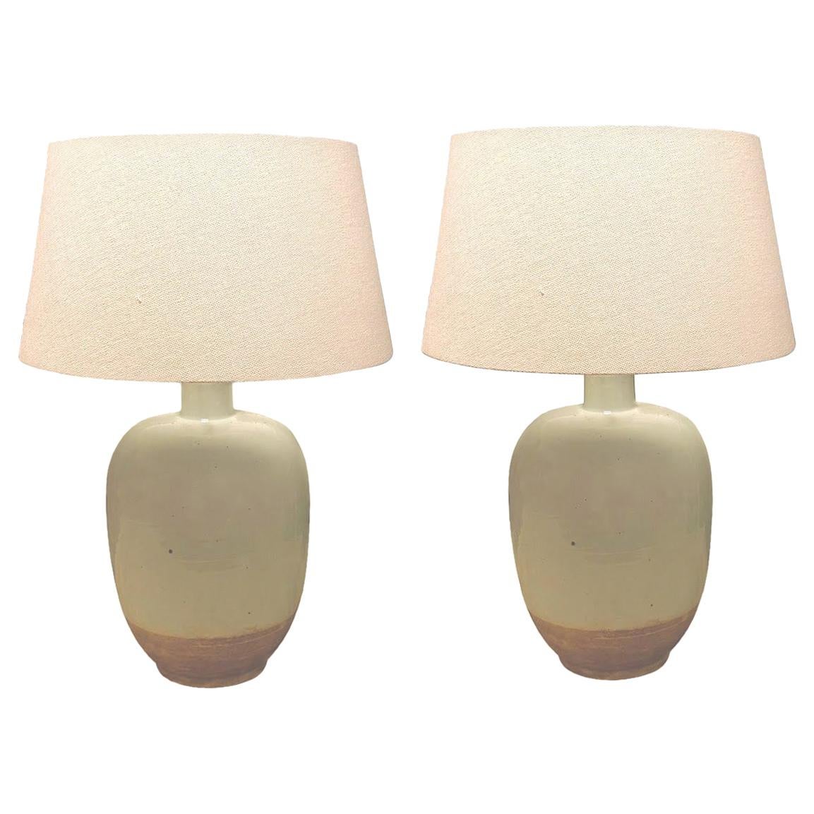Pale Blue with Exposed Terra Cotta Base Pair of Lamps, China, Contemporary