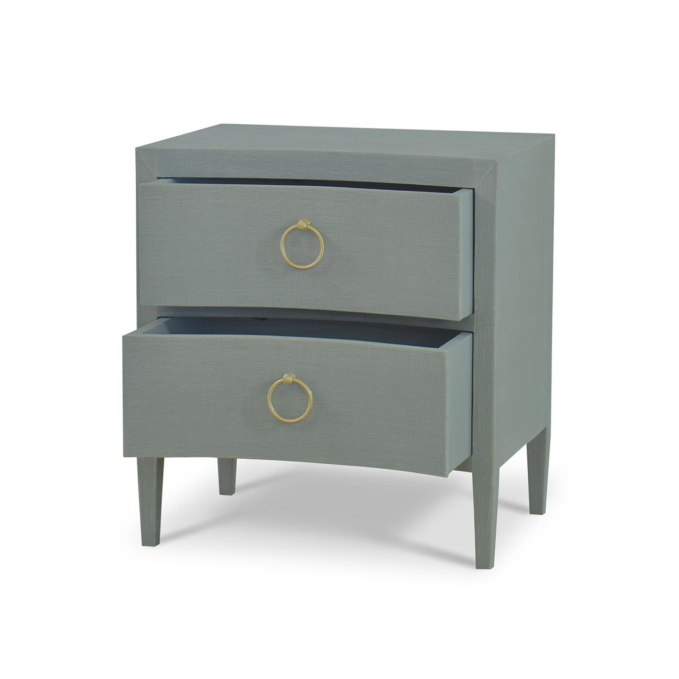 Mid-Century Modern Pair of Pale Blue Linen Wrapped Modern Nightstands For Sale